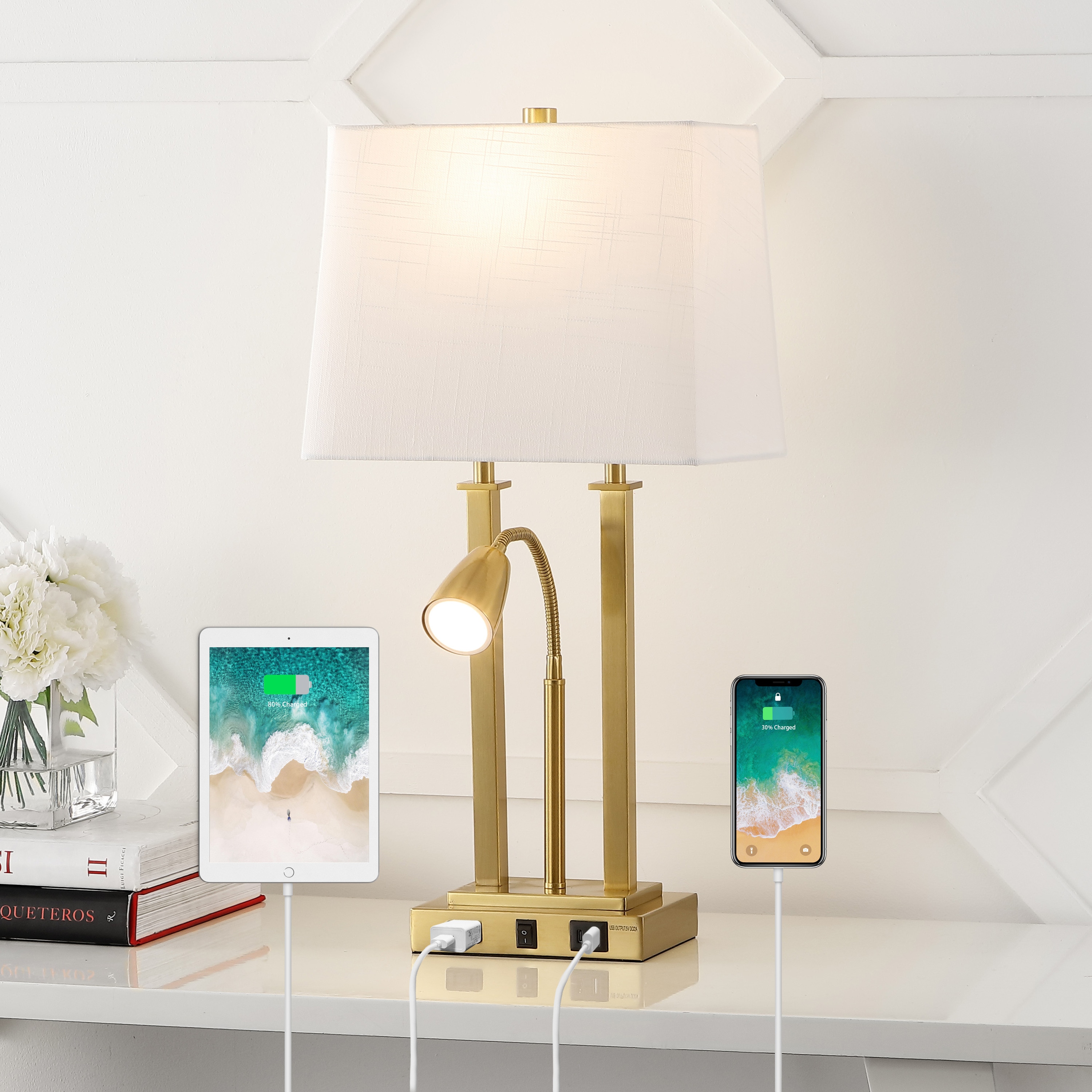 JONATHAN  Y JYL1144B Blaire Modern Farmhouse 23.75-in Brass Gold LED Incandescent On/Off switch Table Lamp with Linen Shade