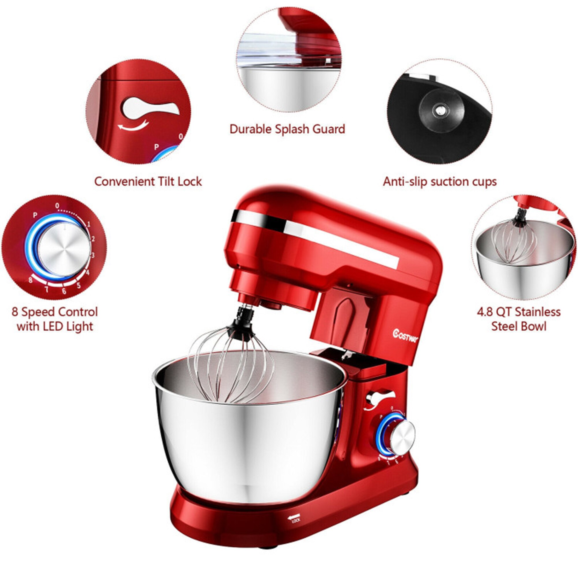 Mondawe 4.8-Quart 8-Speed Red Residential Stand Mixer at