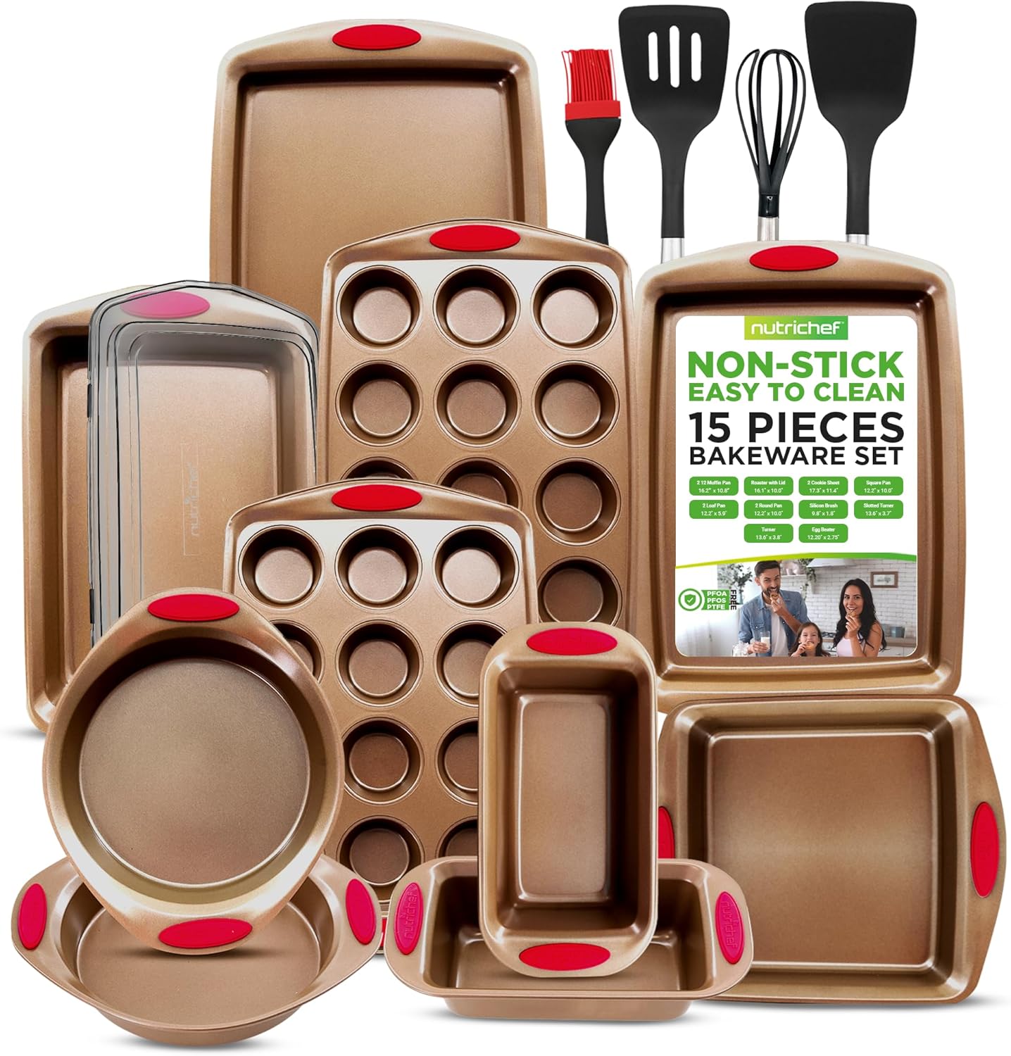 NutriChef  15Piece NonStick Baking Pan Set Durable Carbon Steel Bakeware Set with Loaf and Muffin Pans Square and Round Cake Pans Roaster Pan with Lid Cookie Sheet and Nylon Utensils Gold