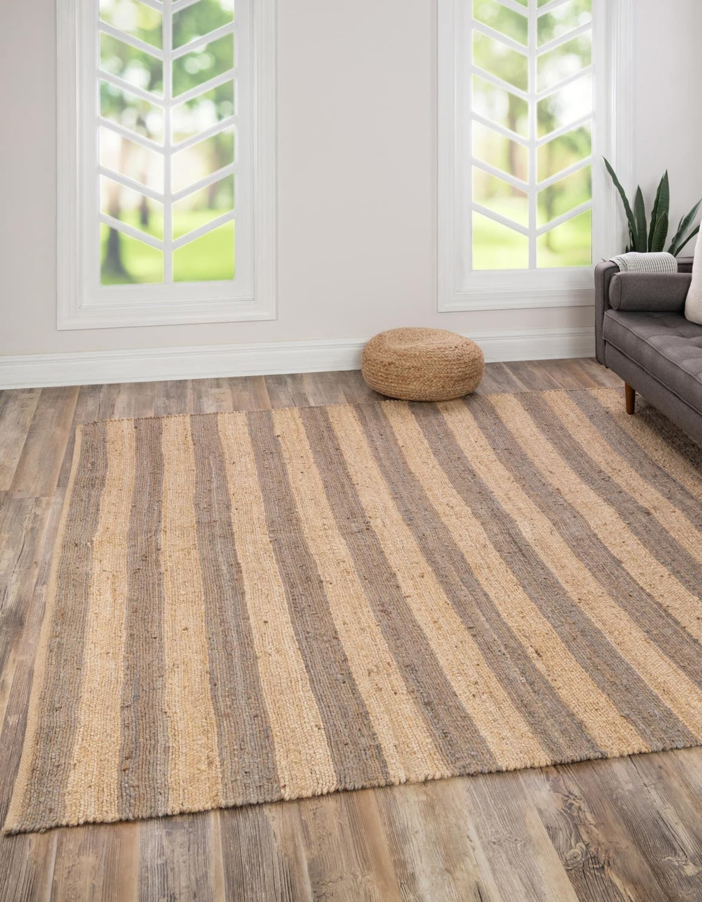 Unique Loom 3190271 Braided Jute 8 x 8 (ft) Braided Jute Gray Ivory Square Indoor Stripe Area rug