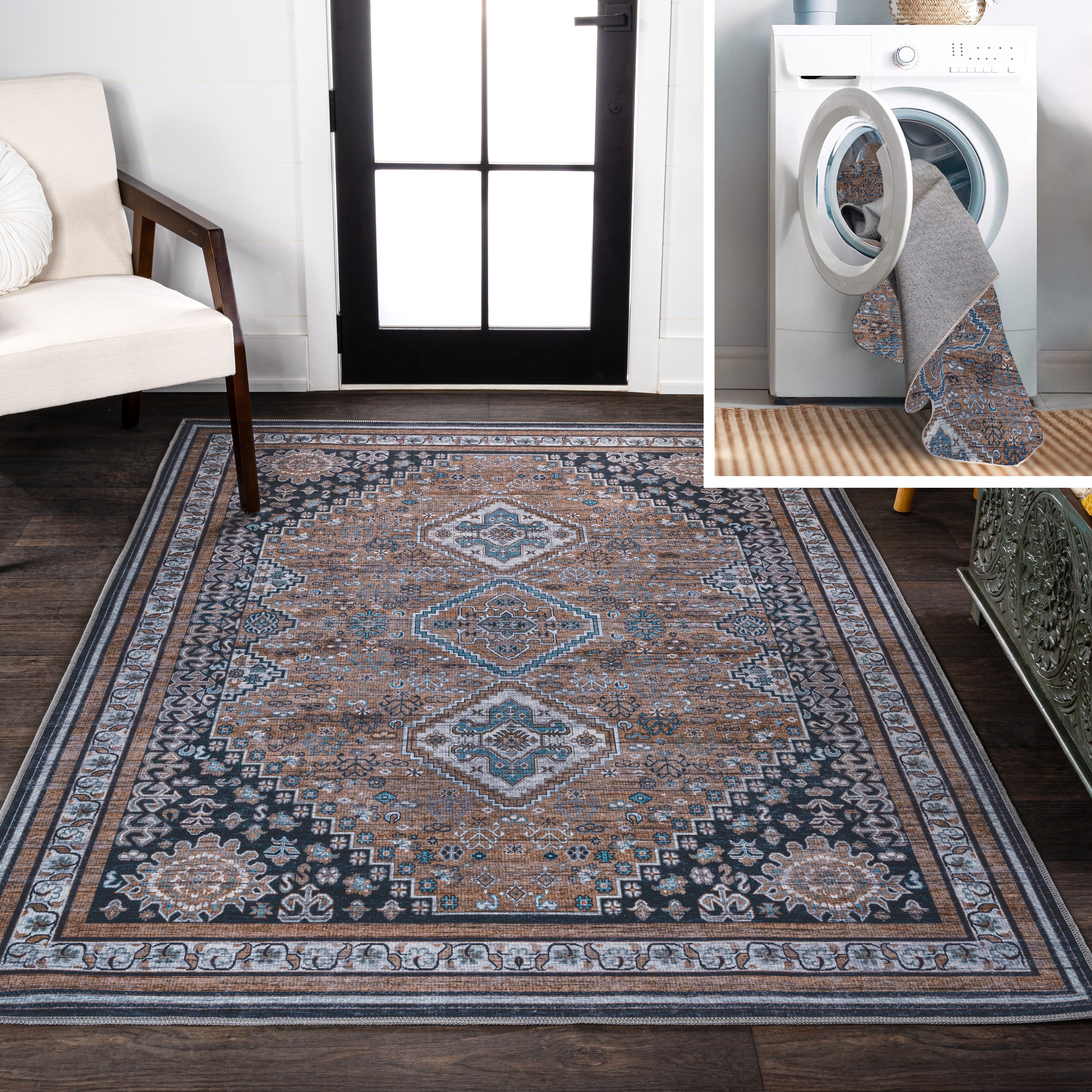 JONATHAN  Y WSH101B-3 WASHABLE Dalyan Geometric Medallion 3 x 5 (ft) Loomed Chenille Brown/Blue/Gray Rectangular Indoor Border Bohemian/Eclectic Machine washable Area rug