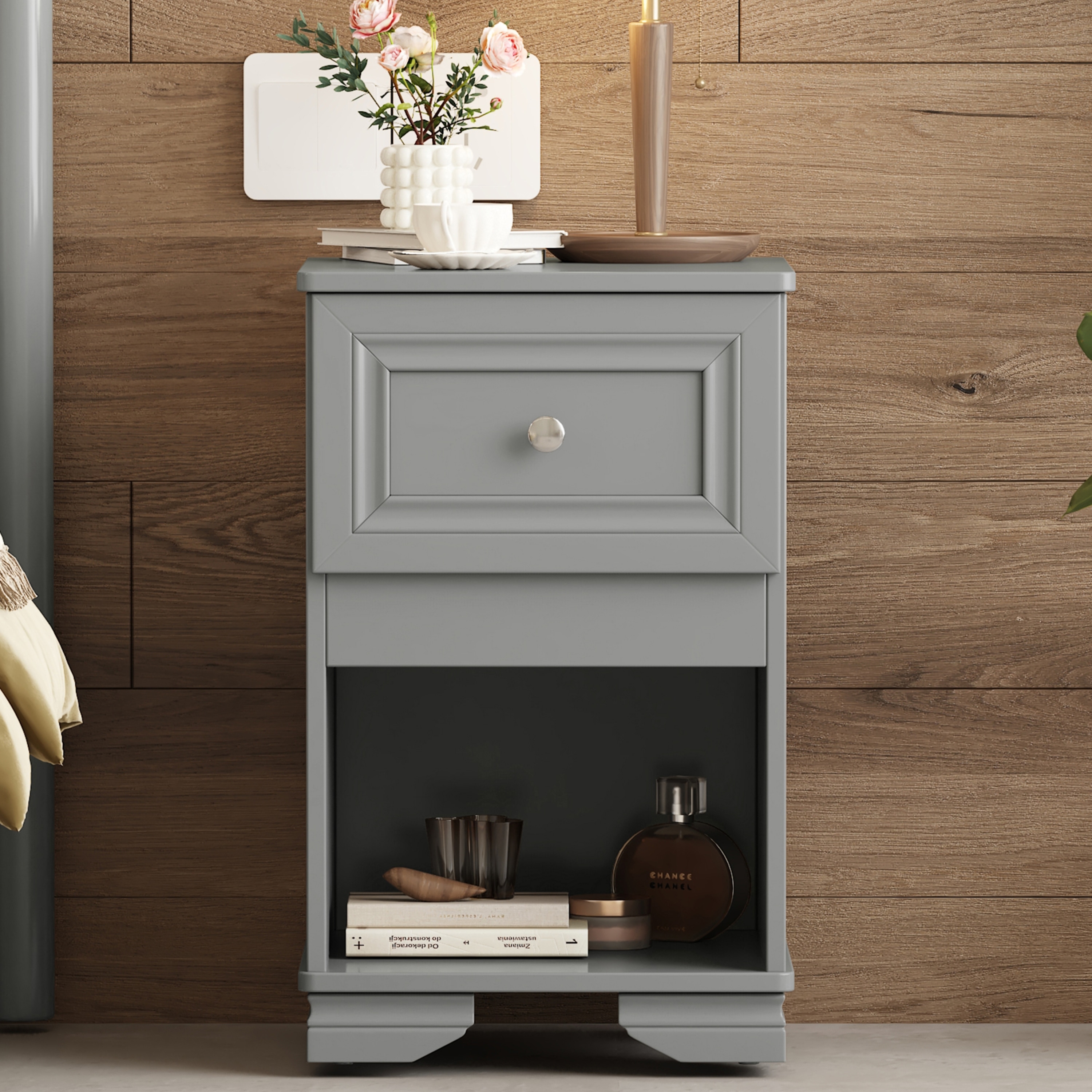 LOVMOR SF-R-N733P199704E Elegant Design Nightstand with Drawer and Open Shelf for Bedroom Retro Style Bedside Table with Classic Design and Metal HandleGray
