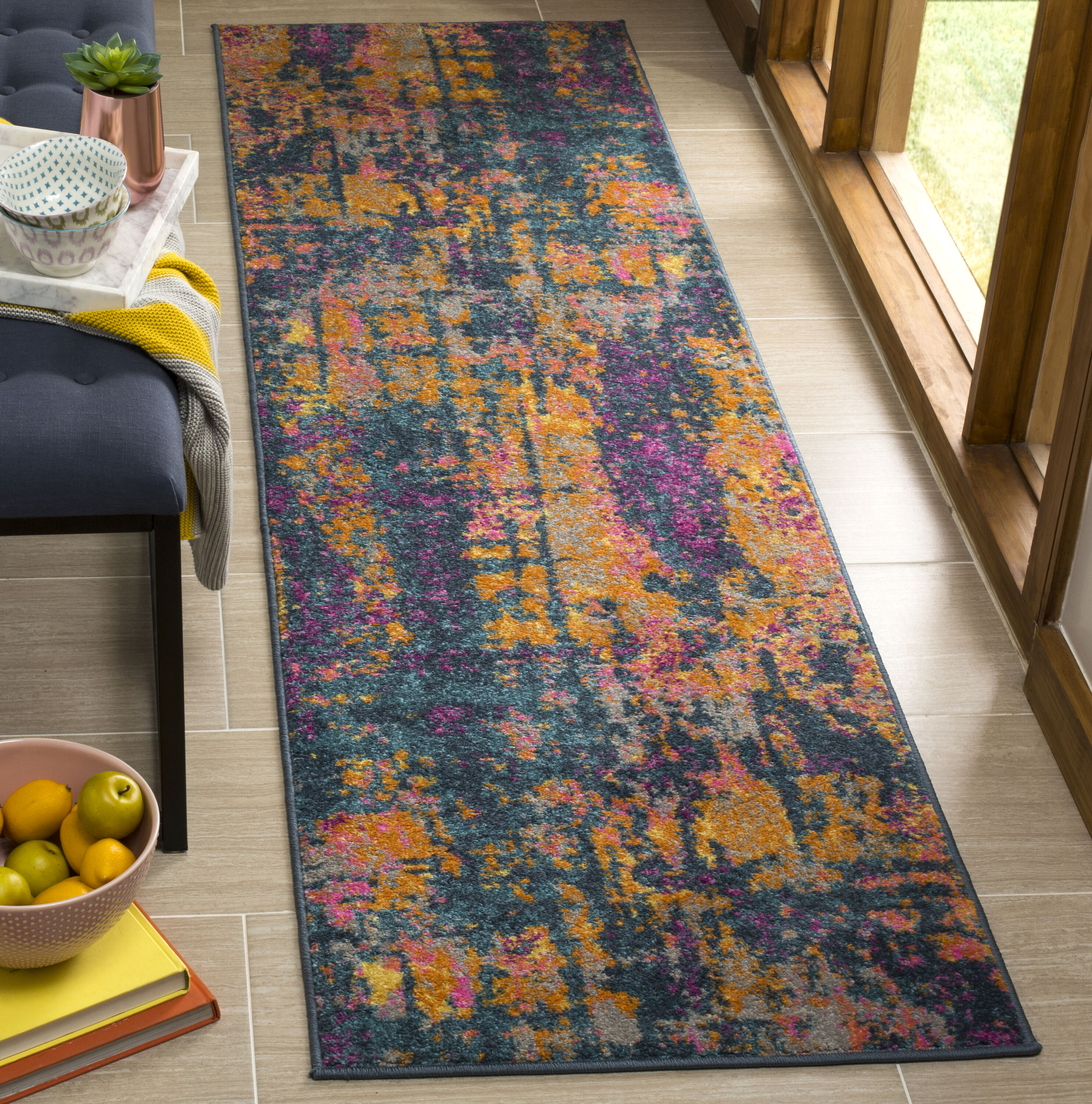 Blue and Orange Abstract Synthetic Runner Rug