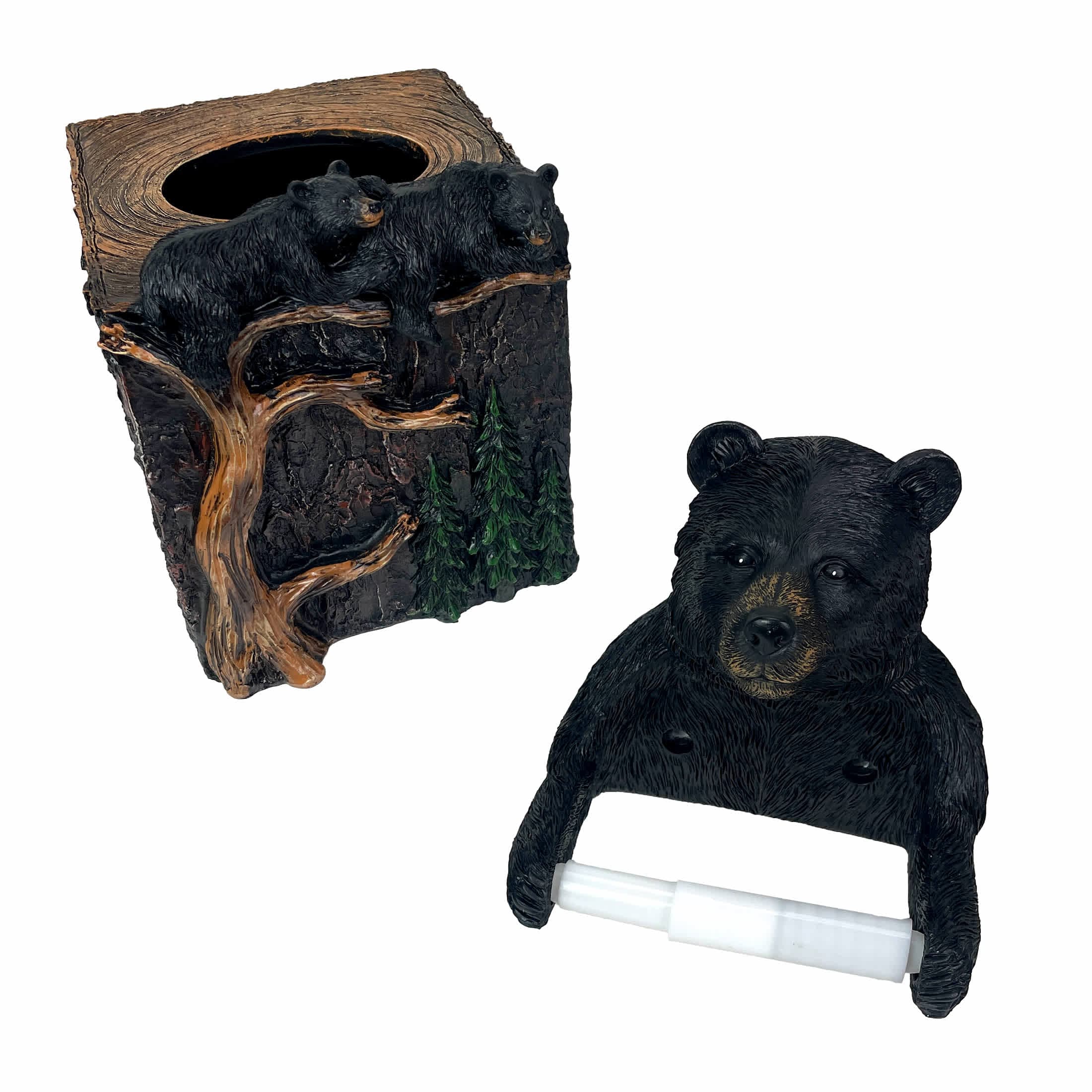 Things2Die4 JDY-75123-416-SET Set of 2 Bear Tissue Box Cover and Toilet Paper Holder - Resin - Rustic Lodge