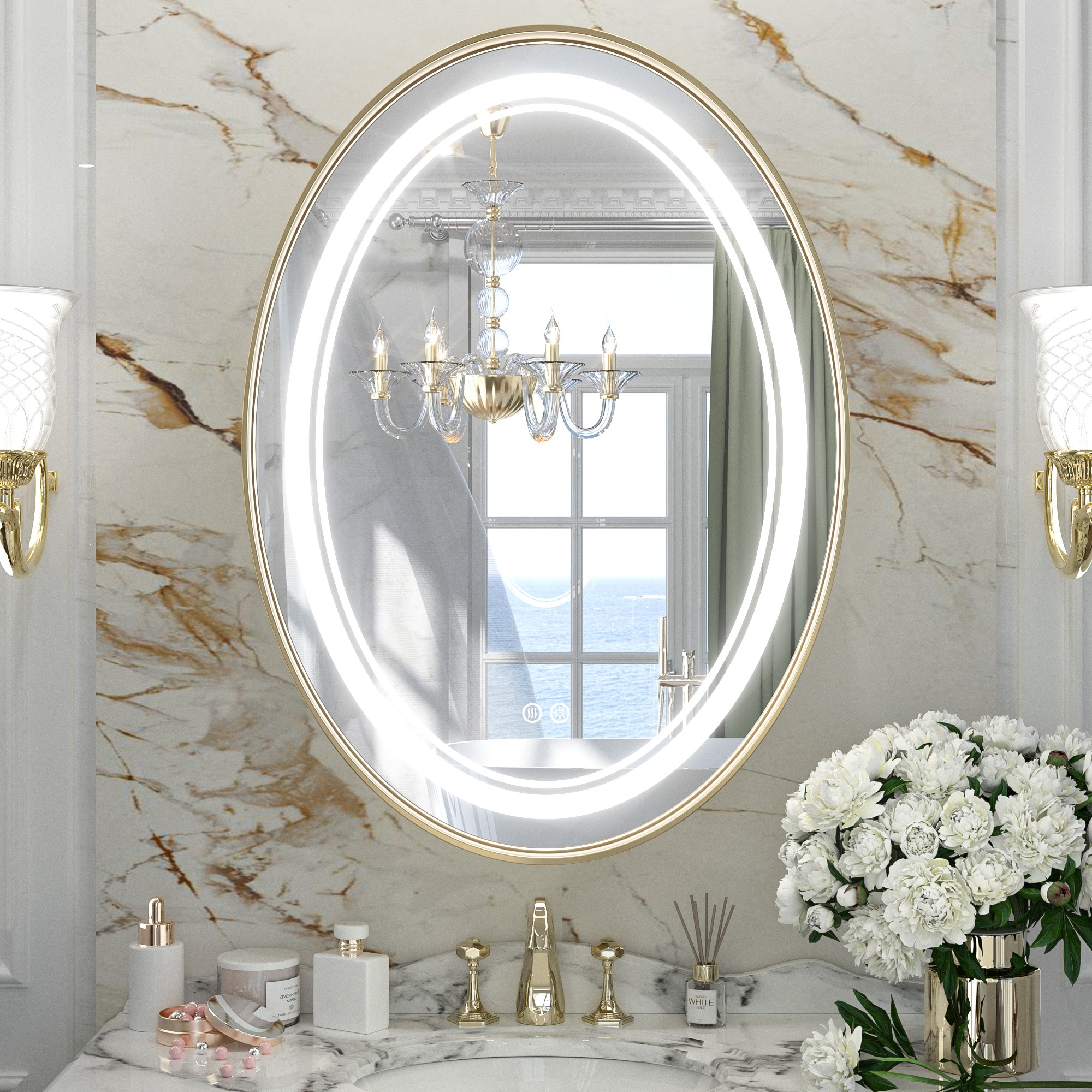 Keonjinn LW-JZ-ZG-MTY-6191-GD 24-in x 36-in Framed Oval Dimmable LED Lighted Fog Free Bathroom Vanity Mirror ( Gold )