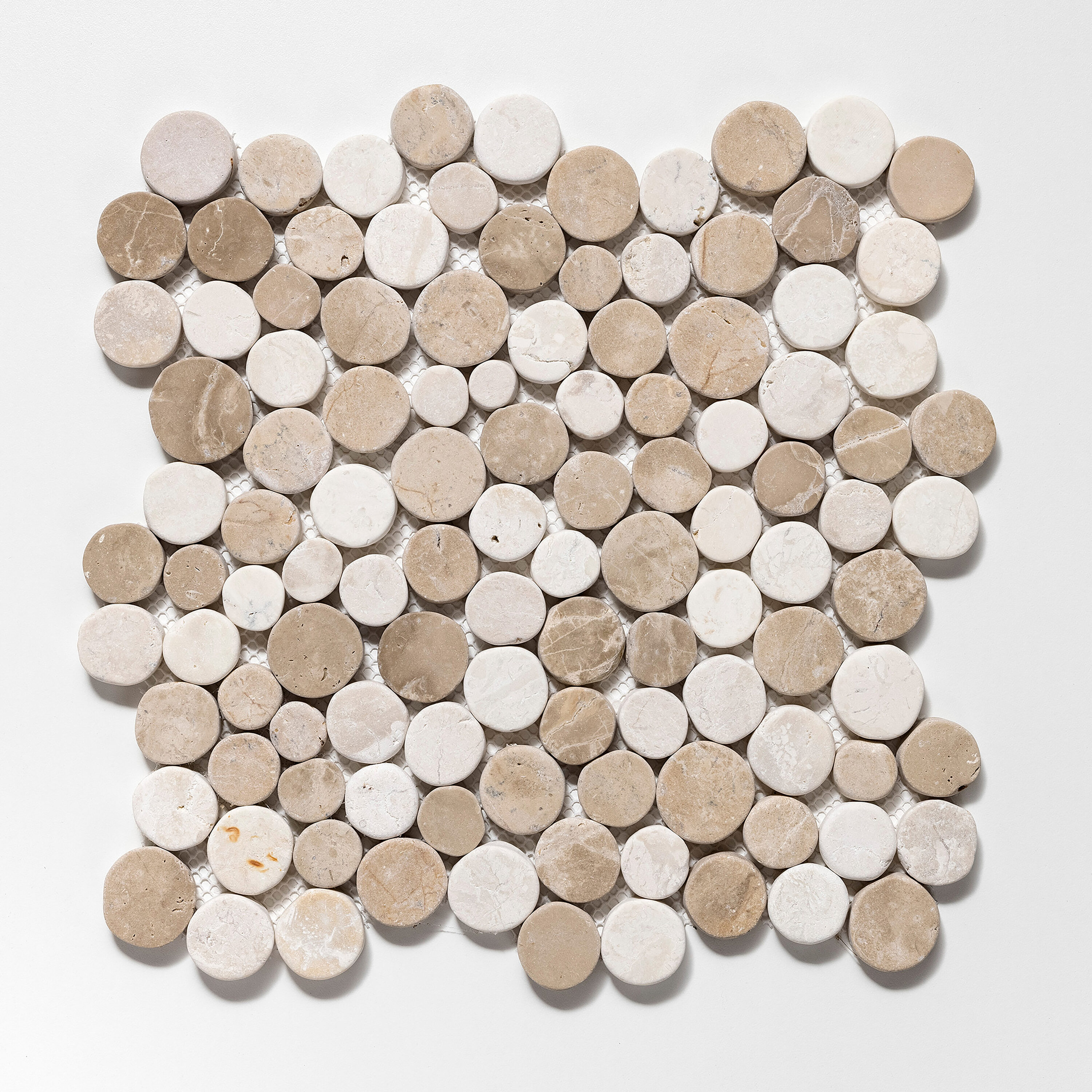 CRUZ BAY STUDIO XD3RTWH Stone Penny s Tan, Off White 12-in x 12-in Tumbled Natural Stone Look Penny Round Mosaic Floor and Wall Tile (9.61-sq. ft/ Carton)