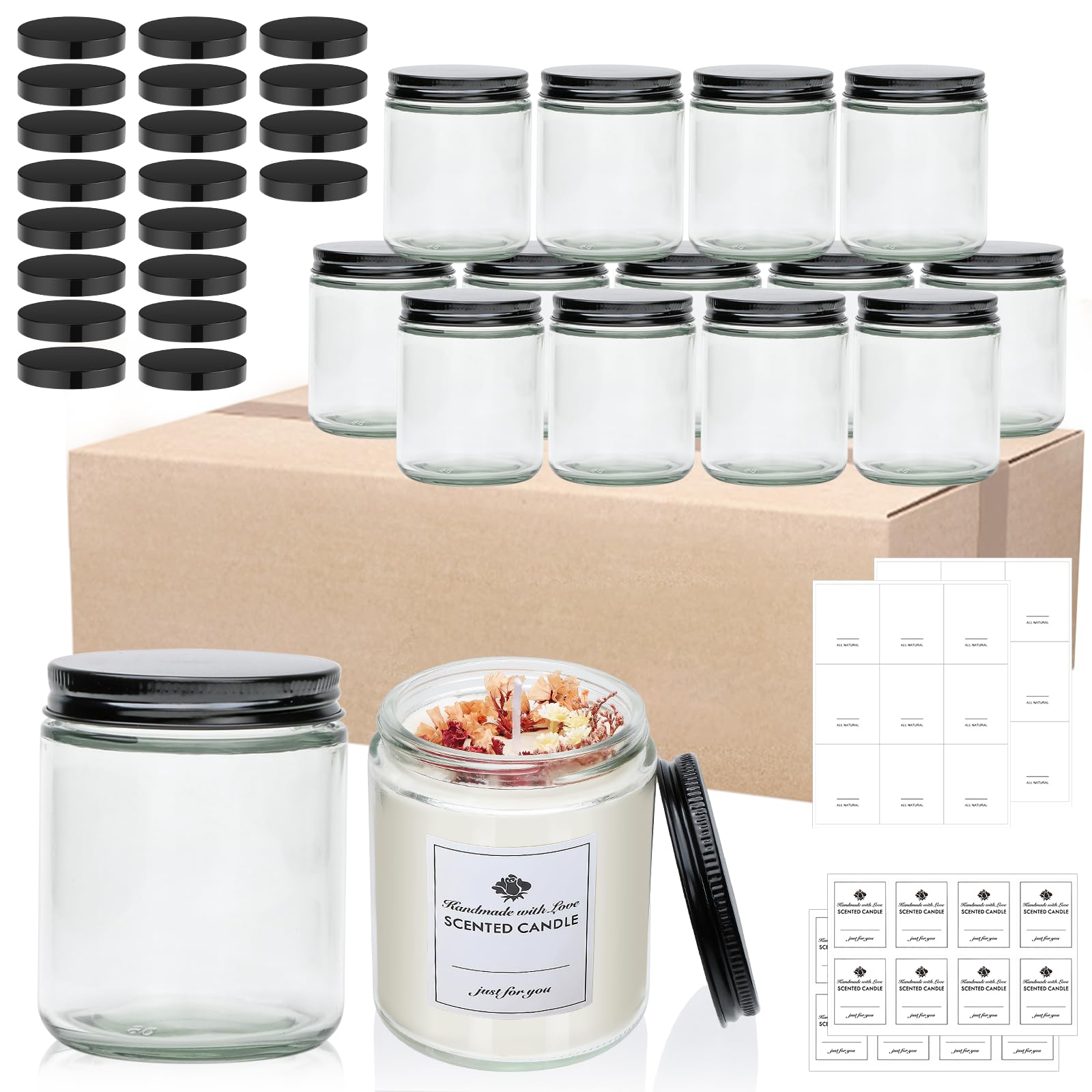 Aoibox  16 Pack 8 oz Glass Jars with Black Plastic and Metal Lids for Candles Spices Samples and Crafts gift