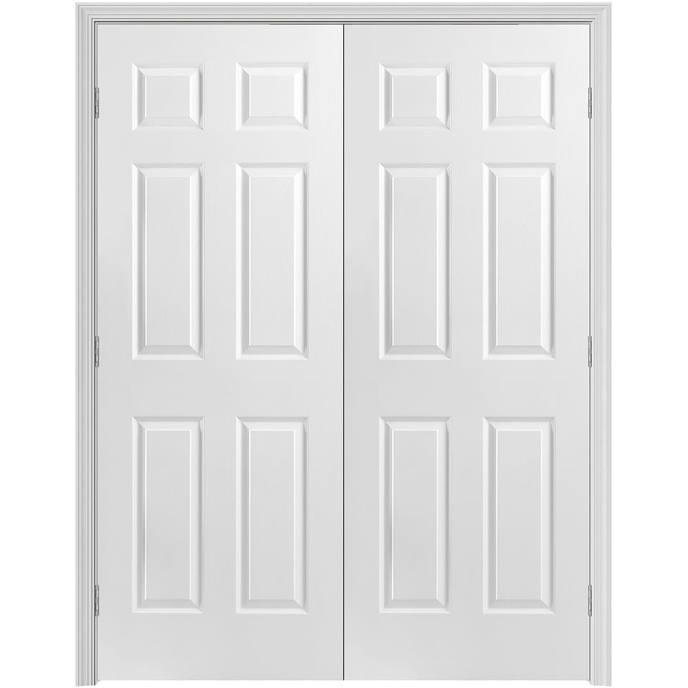 Masonite 640915 60-in x 80-in Primed Hollow core 6-panel Bi-parting Textured Primed Molded composite Split Jamb Double Prehung Interior Door 376 Casing