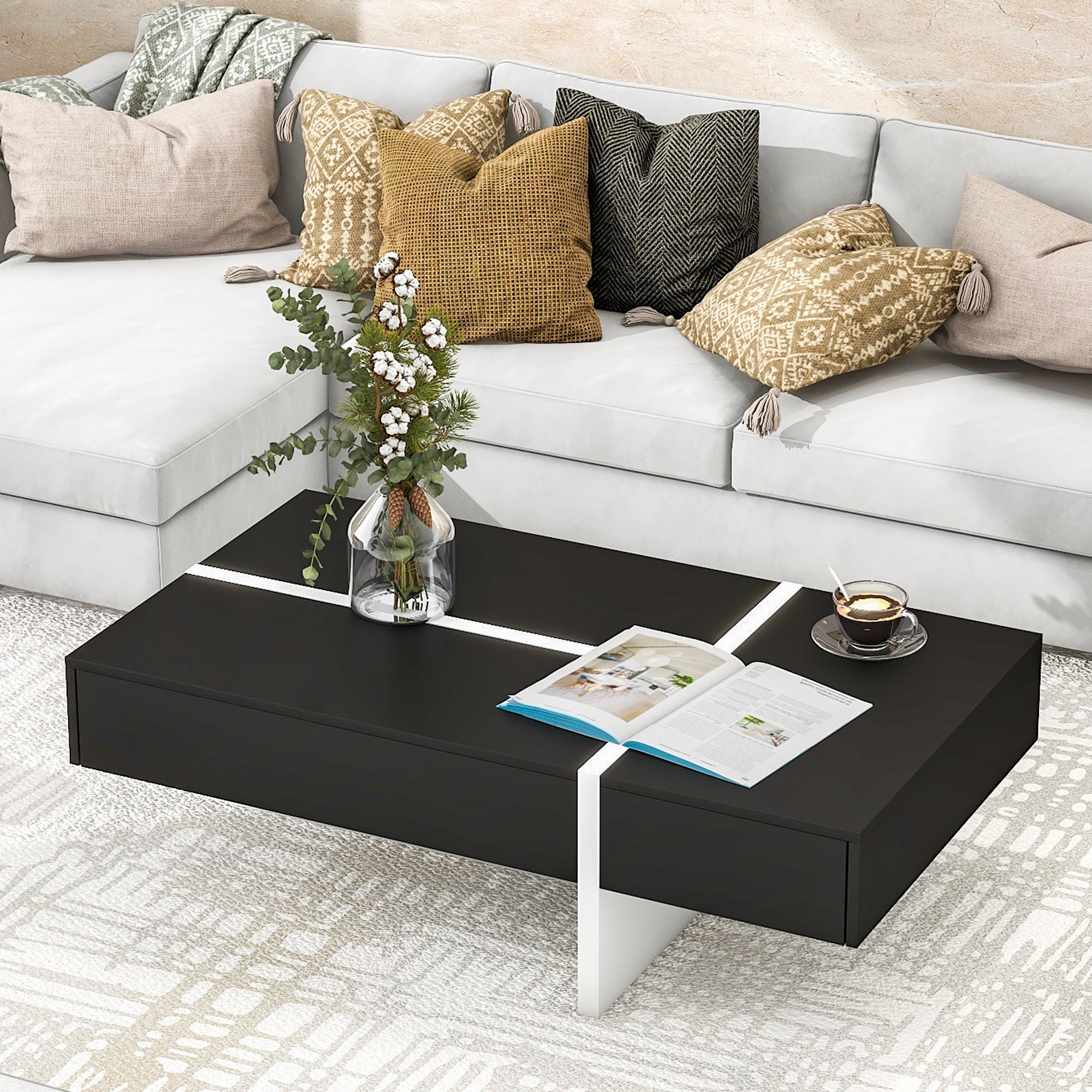 LOVMOR SF-M-WF292142AAB Contemporary Rectangle Design Living Room Furniture Modern High Gloss Surface Cocktail Table Center Table for Sofa or Upholstered Chairs Black