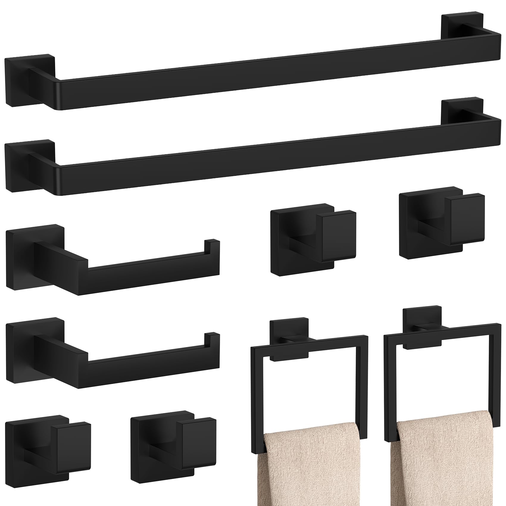Phewnyzo -  10 Piece Matte Black Bathroom Accessories Set SUS304 Stainless Steel Wall Mounted Tow...