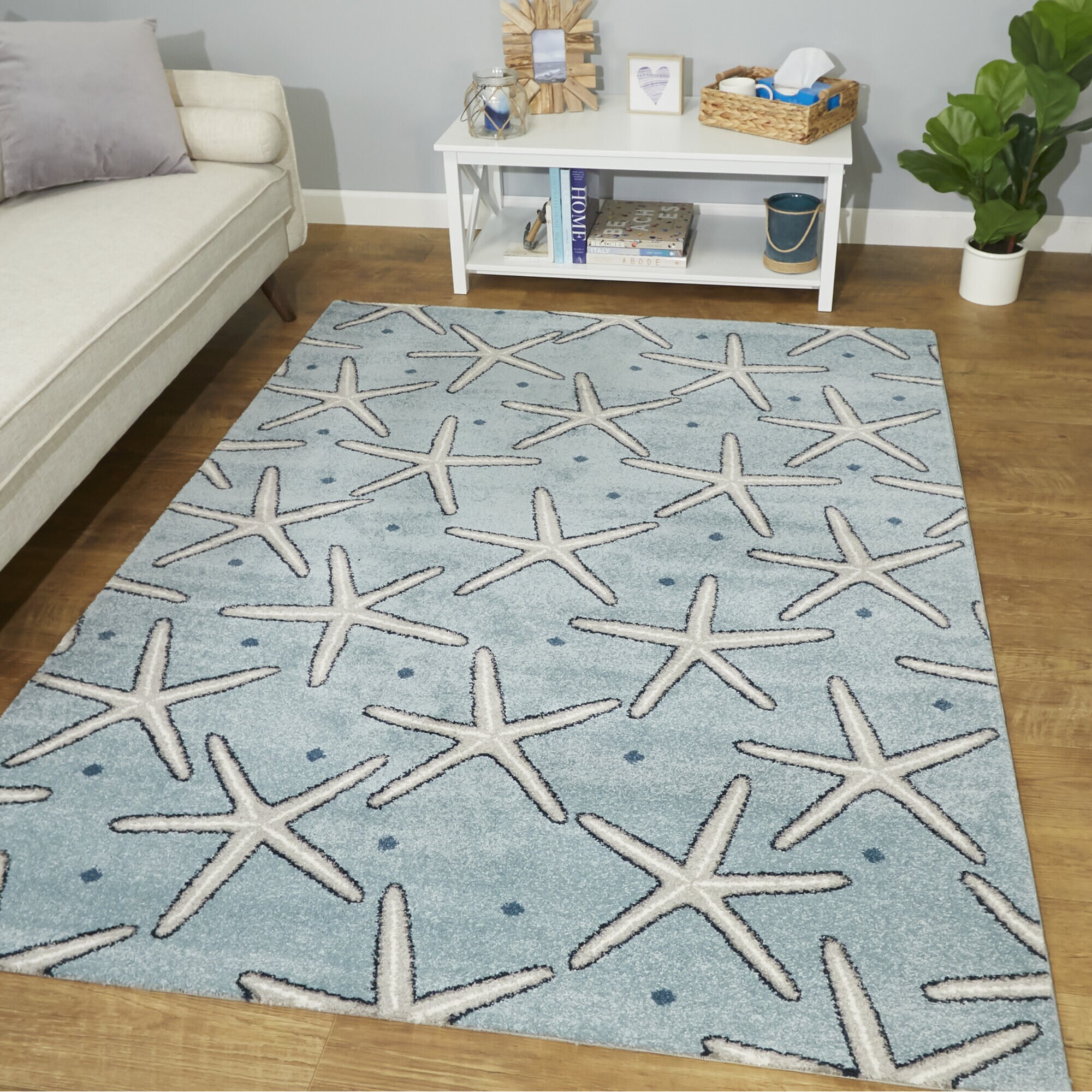 Massau Light Blue Synthetic Coastal Starfish Area Rug