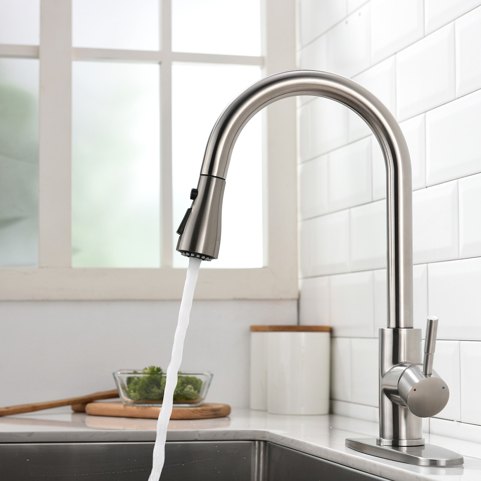 BWE A-94001 Single-Handle Kitchen Faucet Brushed Nickel Single Handle Pull-down Filtered Kitchen Faucet with Sprayer (Deck Plate... 