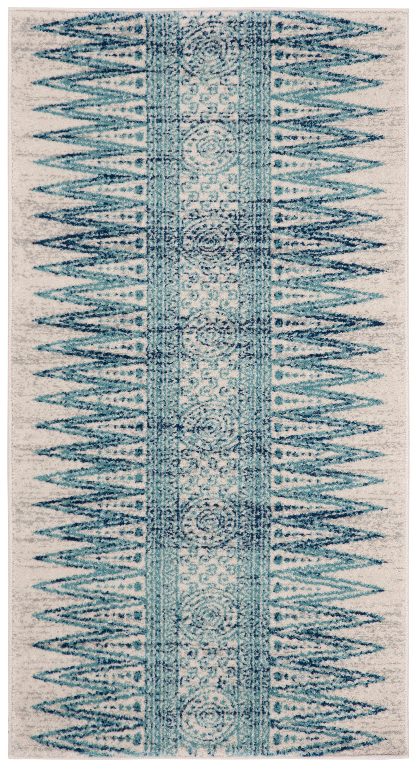 Ivory and Turquoise High Pile Synthetic Area Rug