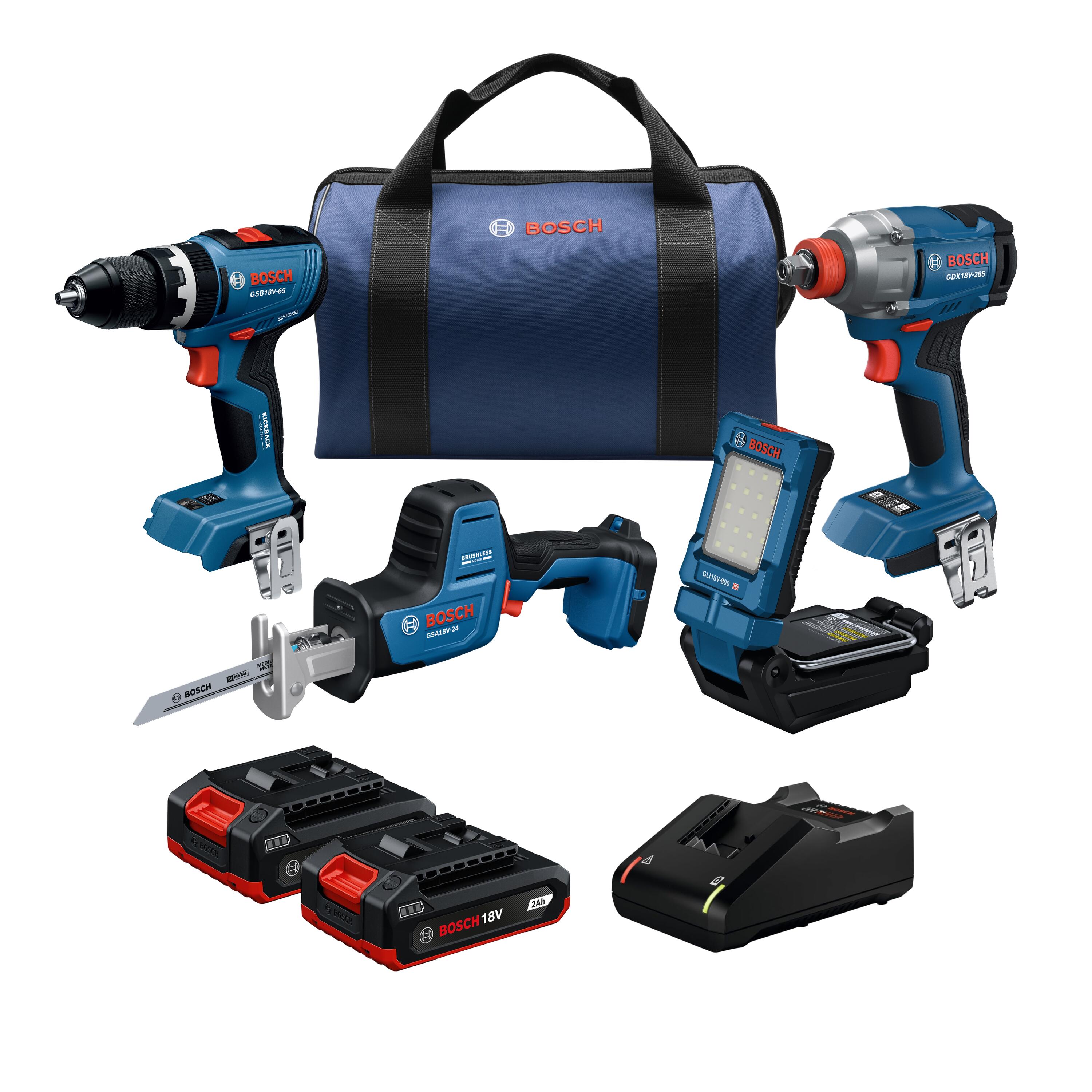 Bosch 18-volt 4 -Tool Brushless Power Tool Combo Kit with Soft Case ( 2 -Batteries Included and Charger Included )