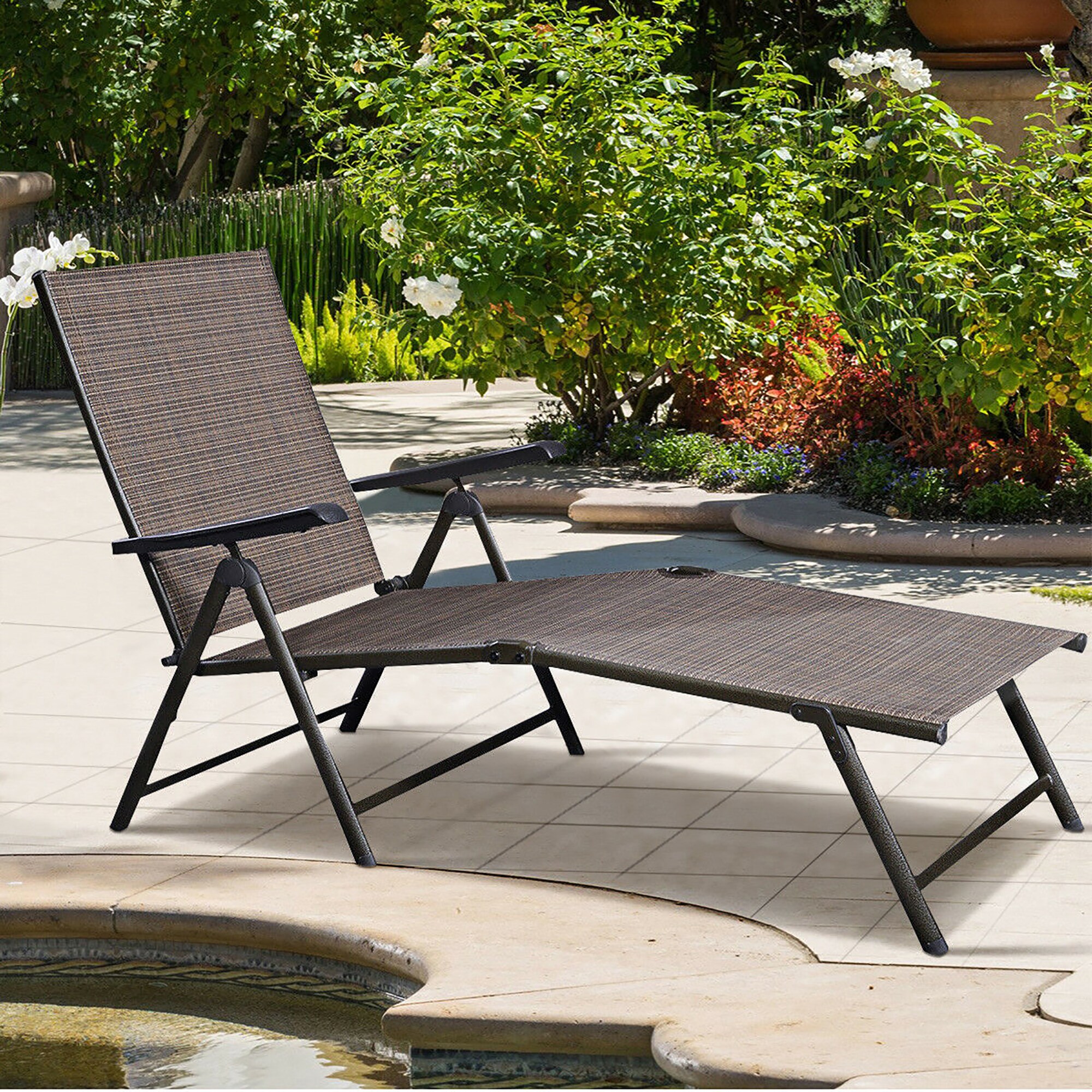 Tan Metal Outdoor Adjustable Chaise Lounge Set of 2
