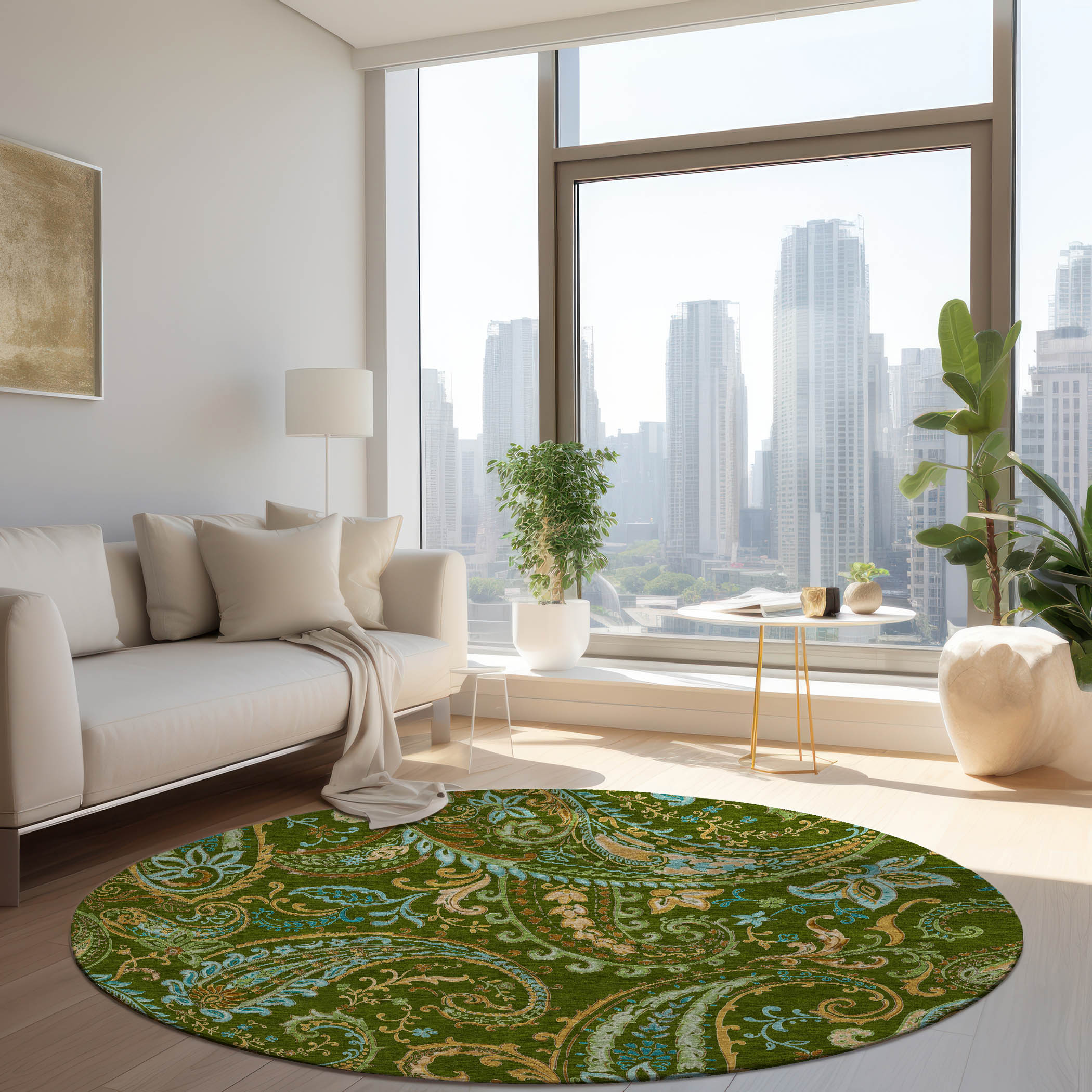 Addison Rugs ACN533GE8RO Chantille 8 x 8 (ft) Polyester Green Round Indoor/Outdoor Paisley Farmhouse/Cottage Machine washable Area rug