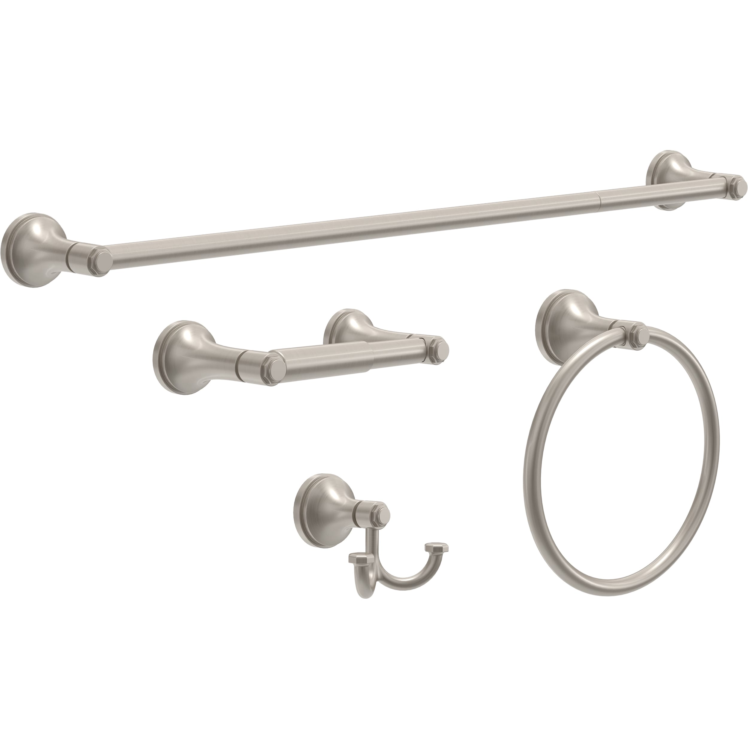 Franklin Brass WDRF64-SN 4 -Piece Woodruff Satin Nickel Decorative Bathroom Hardware Set Towel Bar, Toilet Paper Holder, Towel Ring ,Robe Hook Included