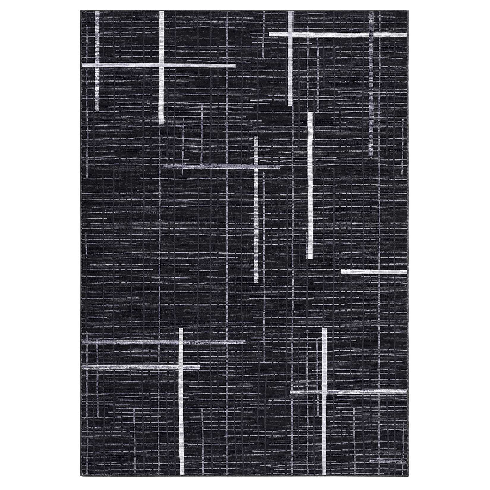 Qeetex LSN-PHK-339LD8VT 8 x 10 ft Polyester Yarn Cashmere Black Rectangular Hallway Bathroom Entryway Kitchen Office Foldable Geometric Modern Washable Area Rug
