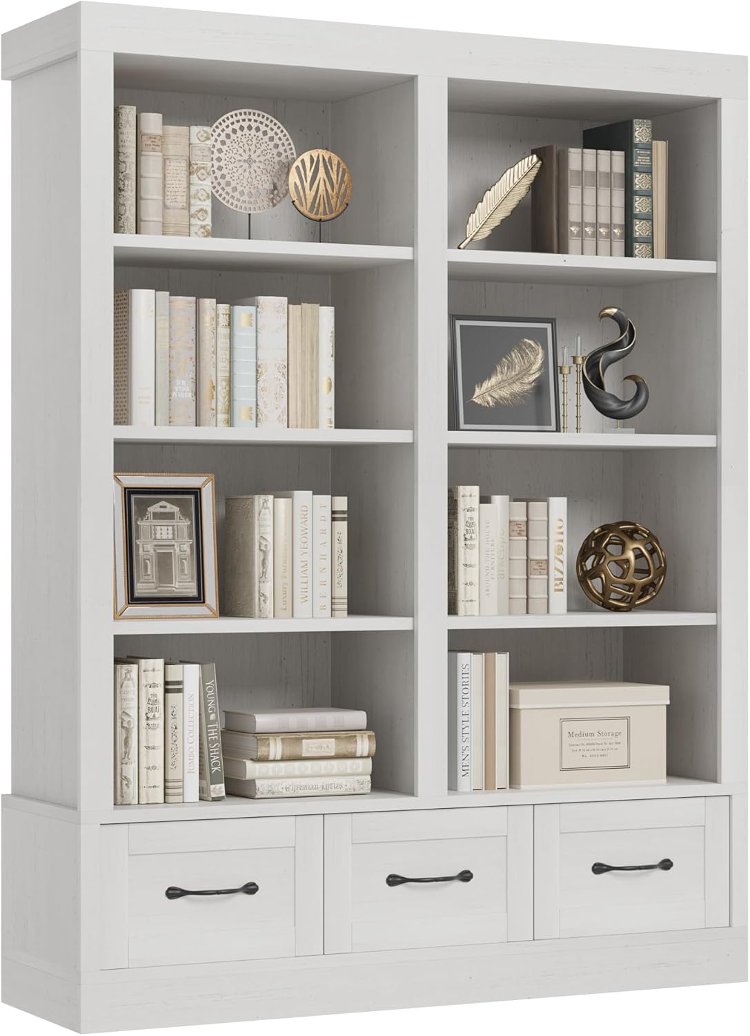 Qeetex QET-BKC-D912 64 Inch H Tall Bookcshelf with 3 Storage Drawers Tall Bookcase w/ 4 Tier Double Wide Open Shelf Large Storage Bookcase Wooden Deep Bookshelves for Library Office Living Room