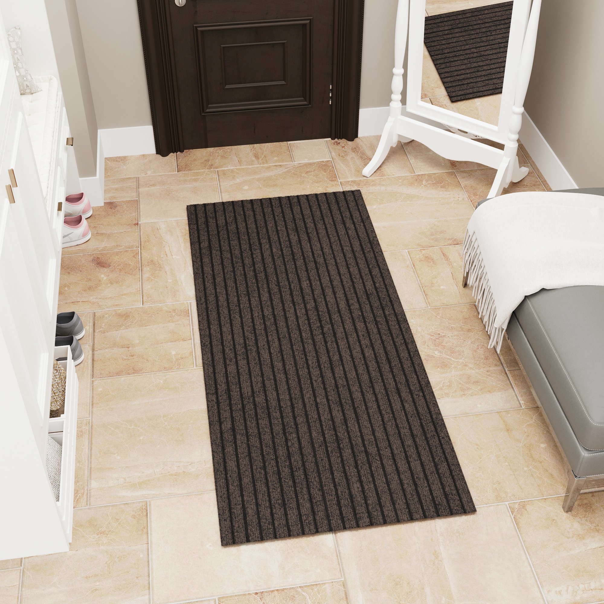 Ottomanson SRT808-3X3 Non-Slip Utility Entryway Mat 3 x 3 (ft) Loomed Polyester Brown Ribbed Rectangular Indoor/Outdoor Industrial Area rug