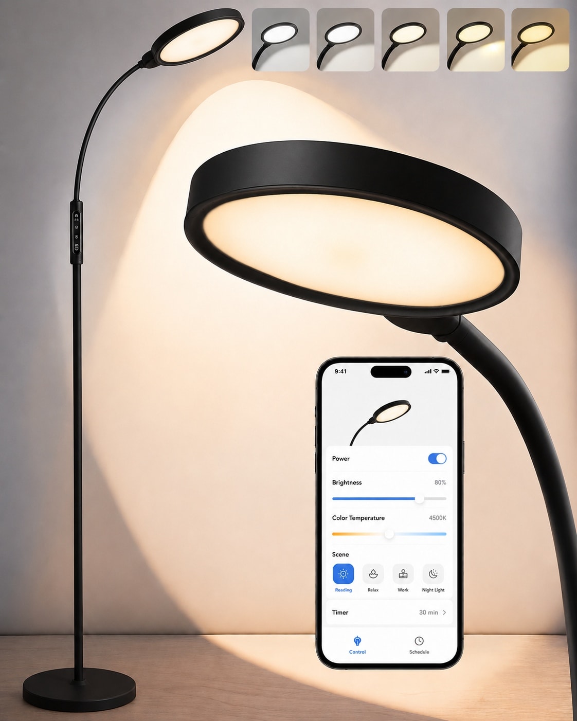 Mooues -  LED Full Spectrum Therapy Lamp APP Controlled Happy Light High CRI Floor Lamp with 10 B...