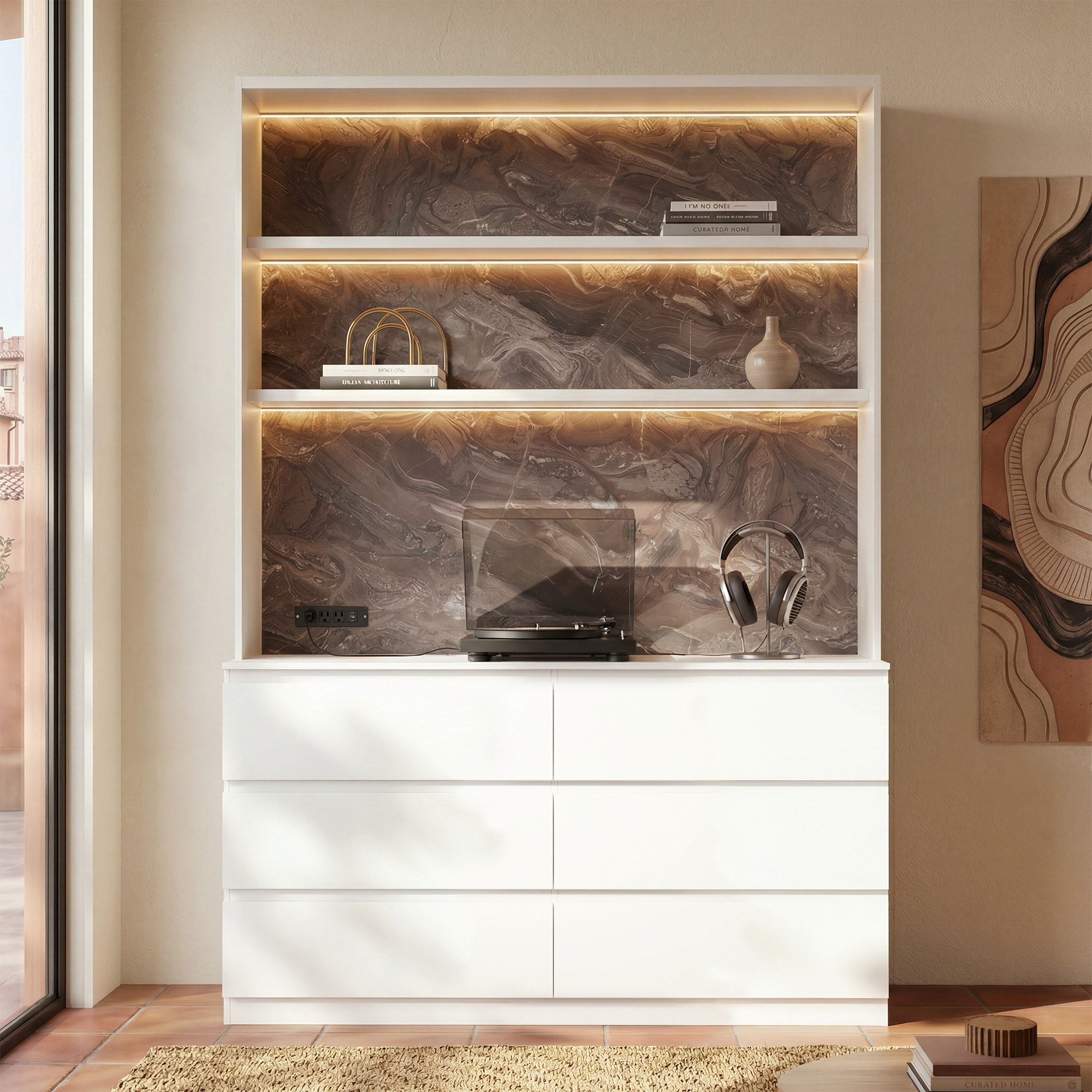 Homsee  White Kitchen Six Drawer Cabinet with Wide Shelves Stone Look Back Panels and Soft Close Slides 63''W x 21.7''D x 92.5''H White