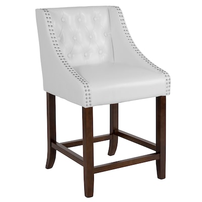 Counter Height Upholstered Bar Stool, White Leather Nailhead Counter Stools