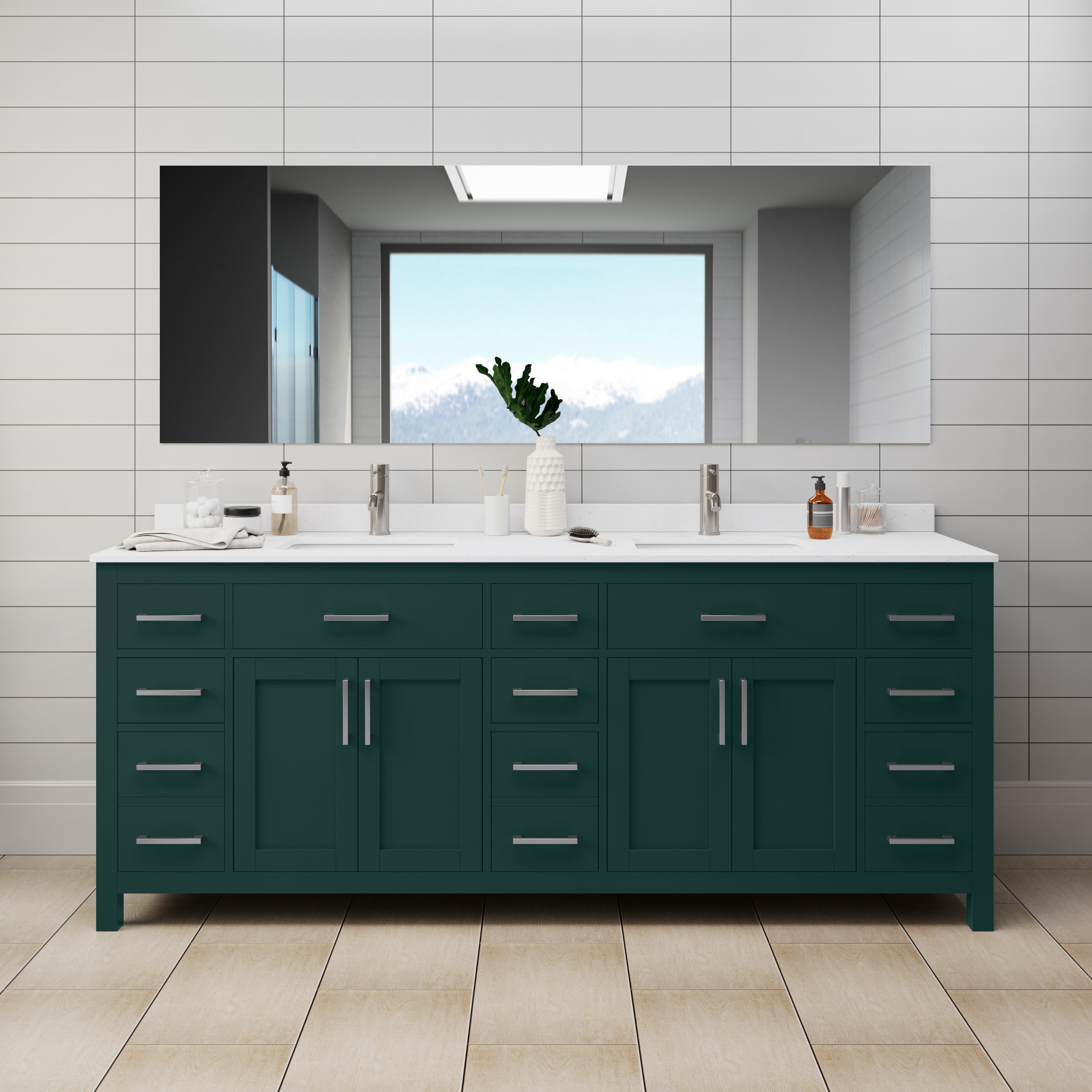 Wyndham Collection WCG242484DGEWCUNSMXX Beckett 84-in Green with Brushed Nickel Trim Undermount Double sink Bathroom Vanity with White Cultured Marble Cultured marble Top