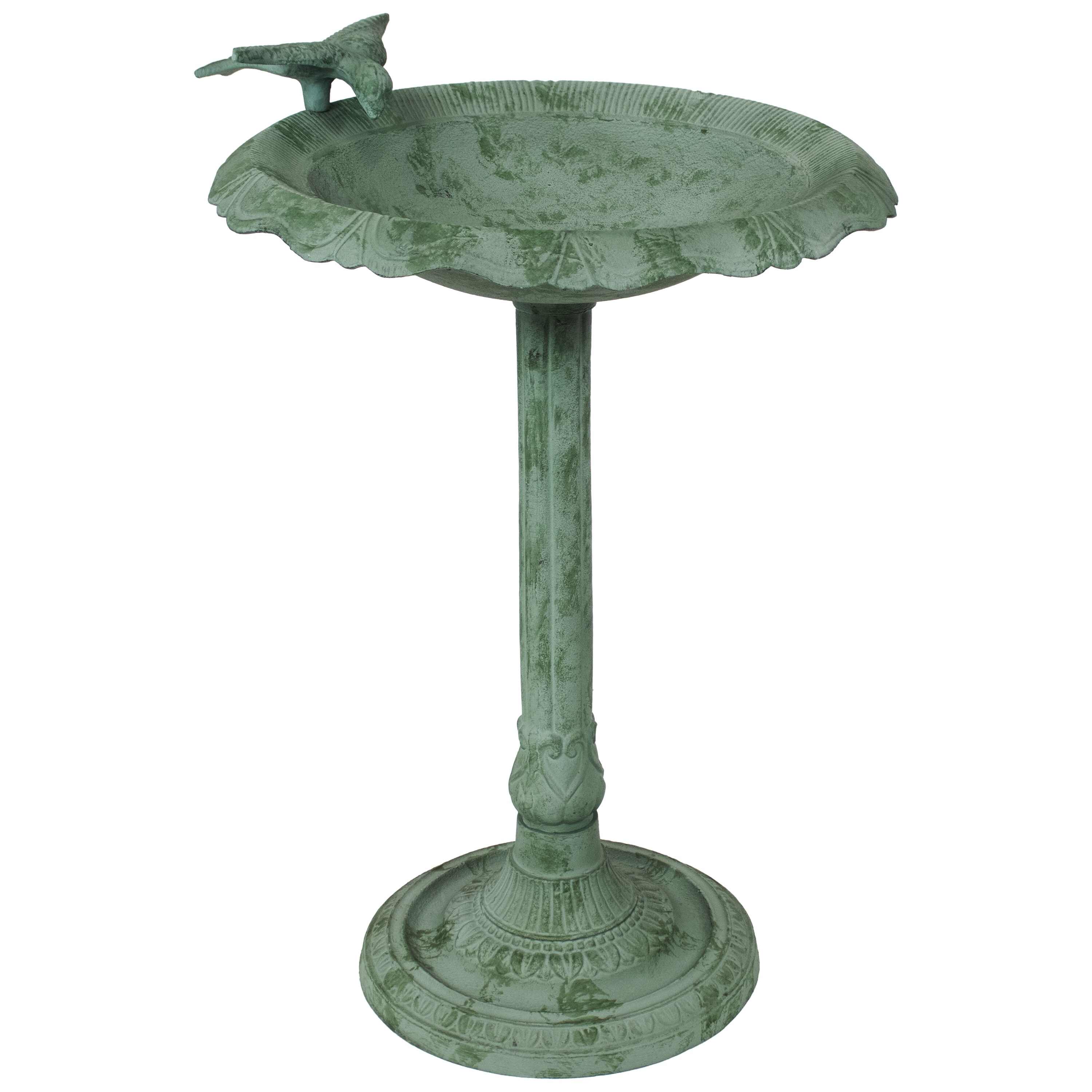 Green Patina Cast Aluminum Garden Bird Bath with Sculpture