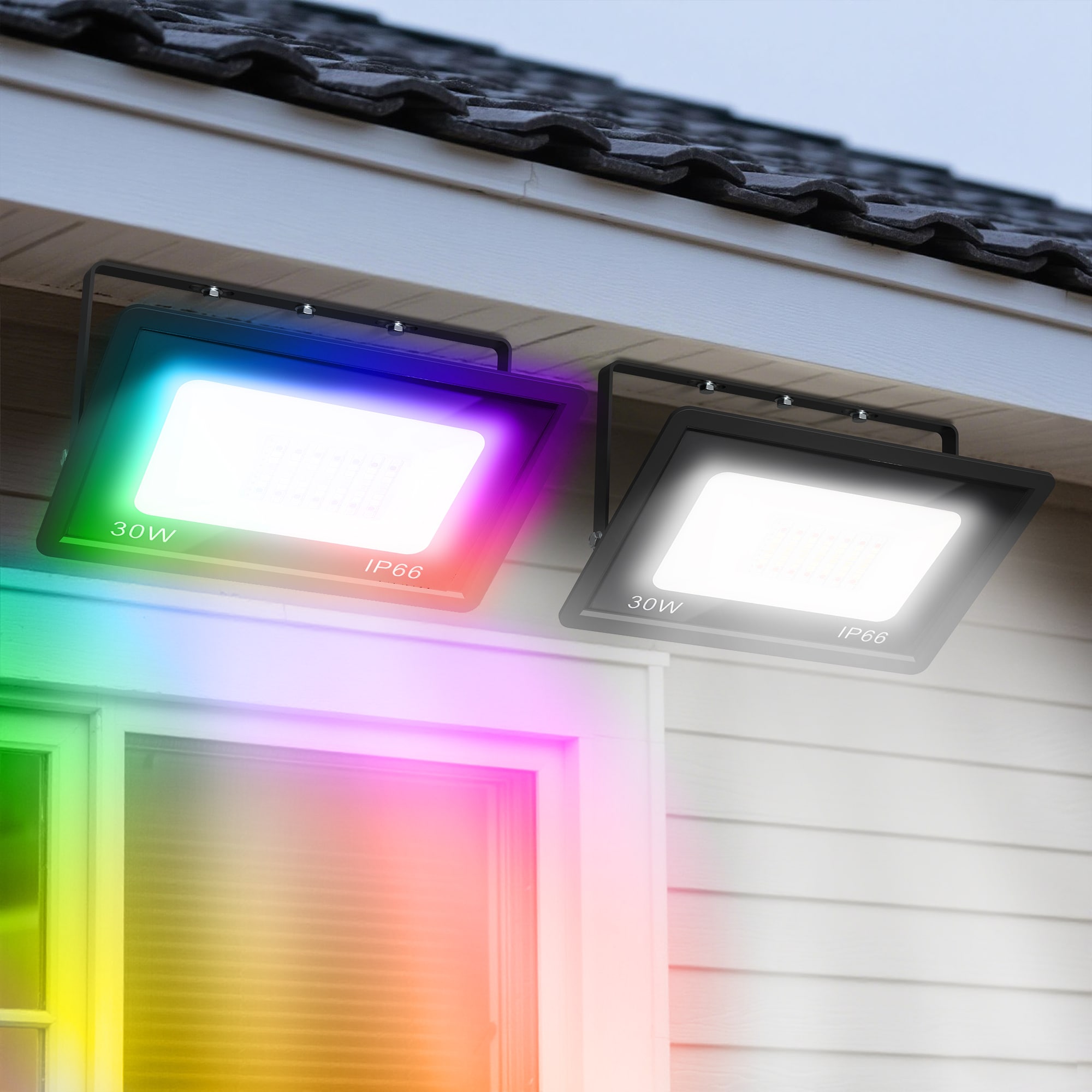 DORESshop 2 Pack Black Outdoor Flood Light with Dusk to Dawn Sensor and Remote 30W Adjustable White RGB IP66 Waterproof Graphene and Glass for Garage Porch or Yard