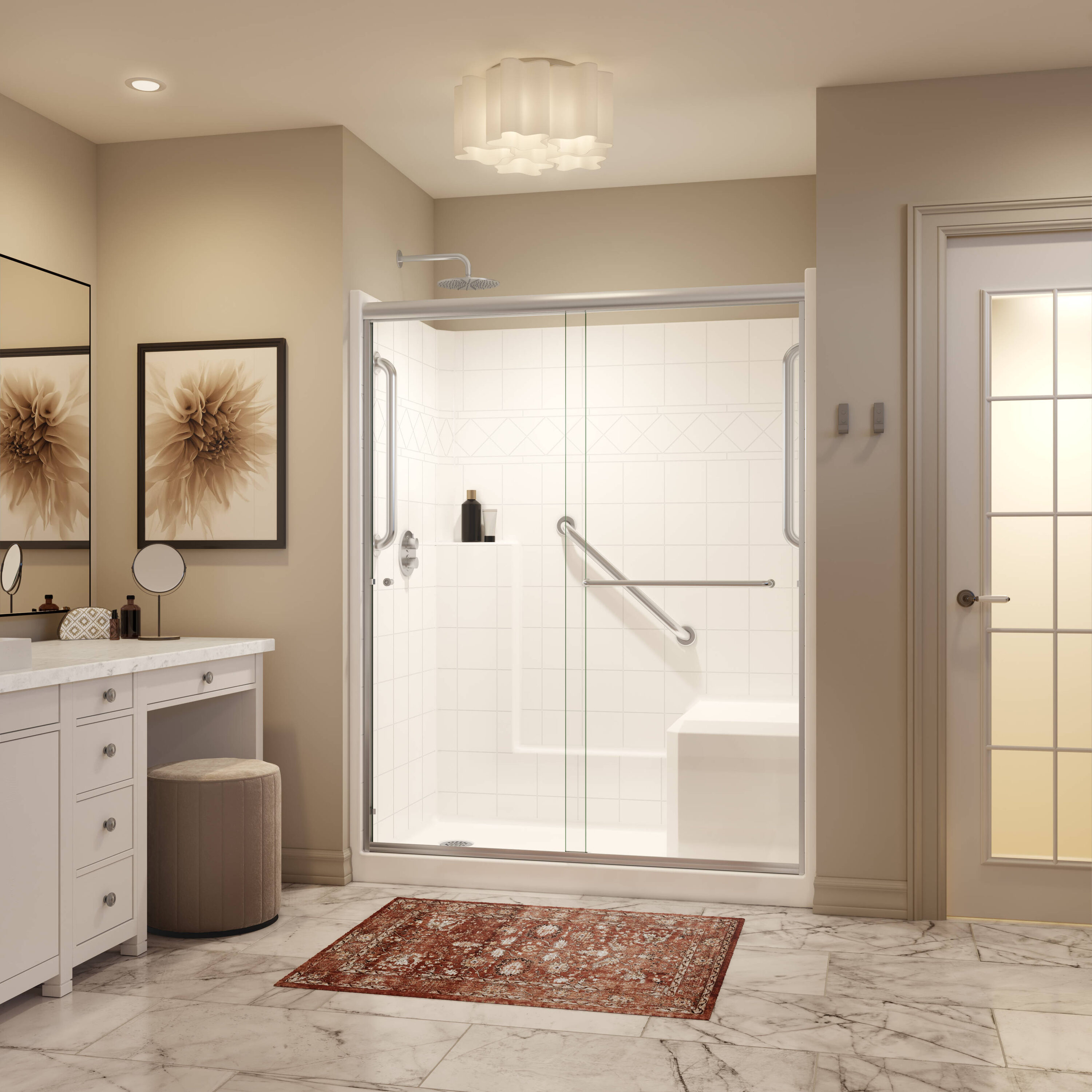Laurel Mountain LM6036SH1S1PRWC3 Fairfax 36-in W x 60-in L x 77-in H Rectangular One-piece shower kit ( Left Drain) with Integrated Seat Base, Wall, Door and Drain Included Chrome Hardware Included