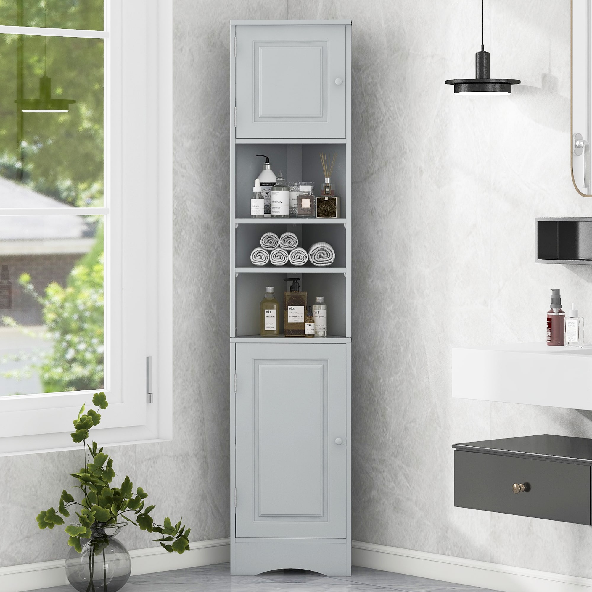 ModernLuxe L3P-WF530911AAE MultiFunctional Corner Cabinet Tall Bathroom Storage Cabinet with Two Doors and Adjustable Shelves Open Shelf Grey