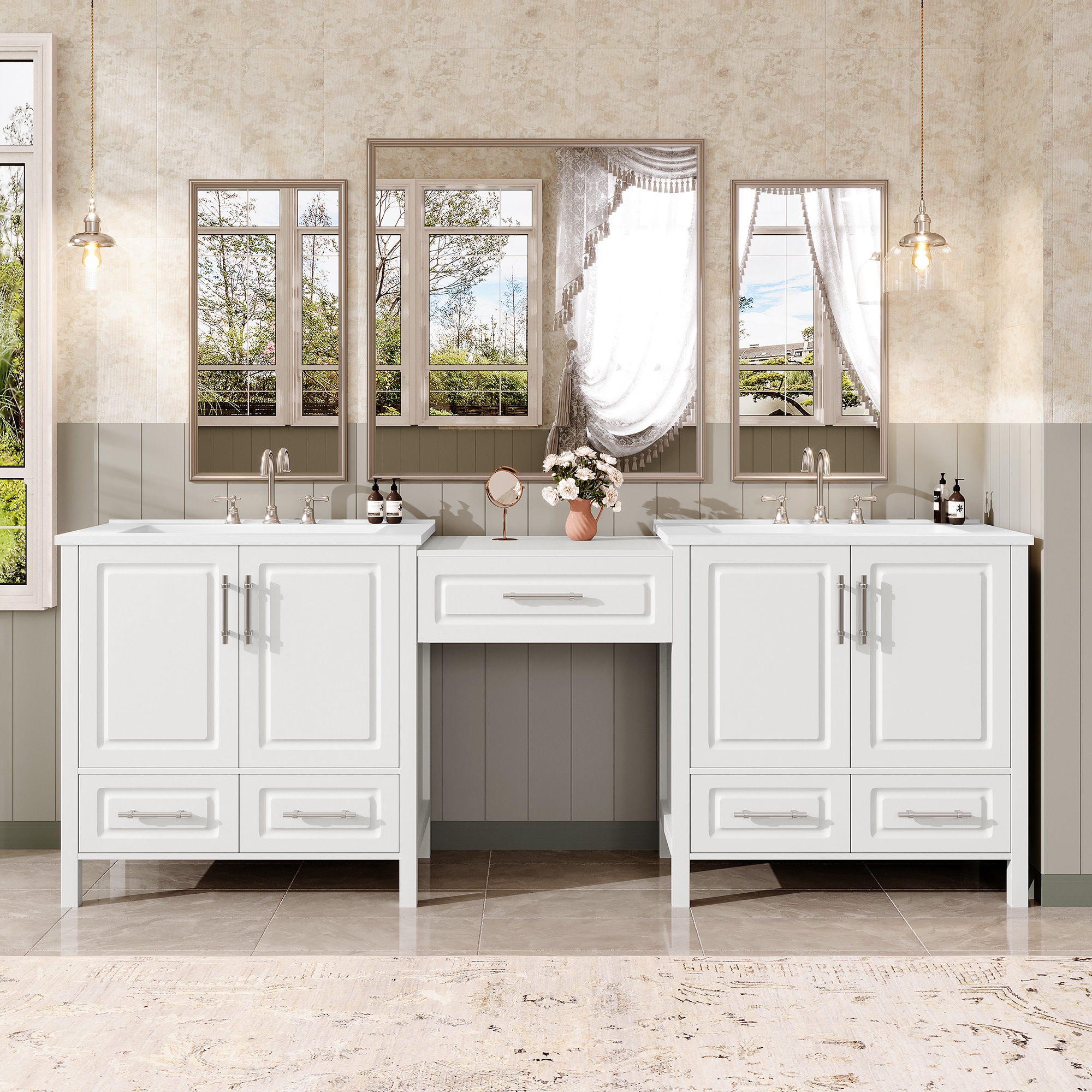 Serwall SR-LR84-WT 84-in Double Sink White Bathroom Vanity with White Polymarble Top