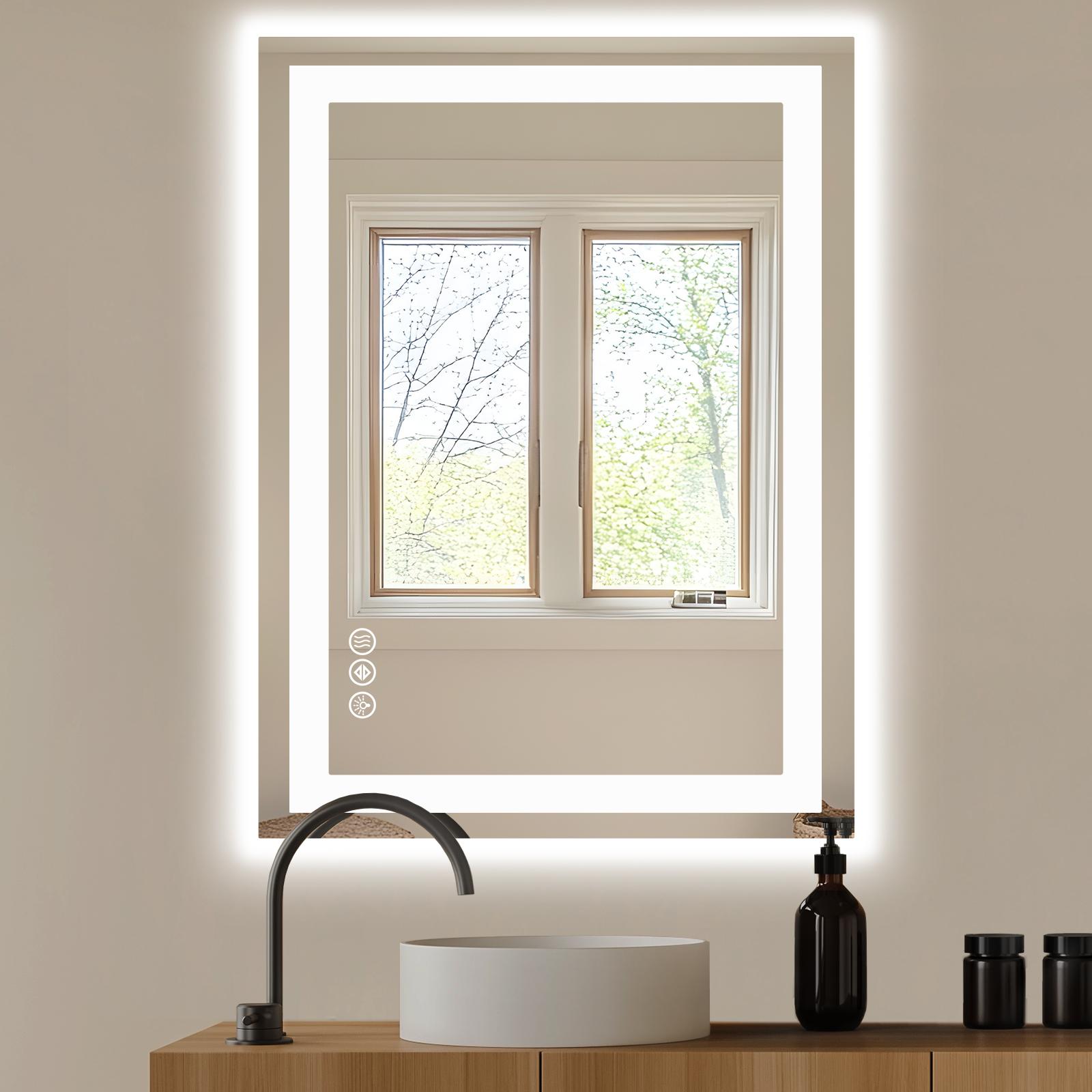 Bayfeve BF-271186-MIR Anti-fog LED Bathroom Mirror 36-in x 28-in Polished Frameless Rectangle Dimmable LED Lighted Fog Free Bathroom Vanity Mirror ( White )