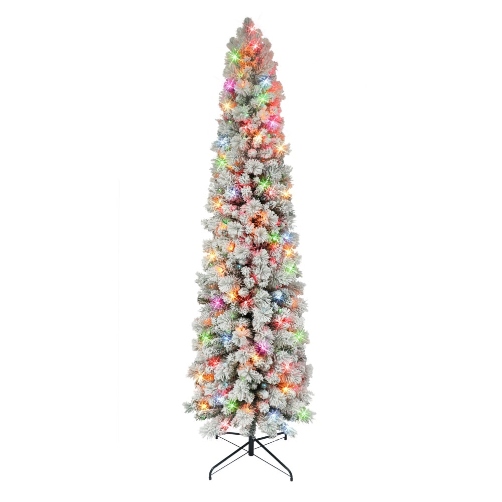 Puleo International TFP8305A-75M350 7.5-Feet Pine Pre-lit Pencil Flocked Artificial Christmas Tree with Multicolor Incandescent Lights