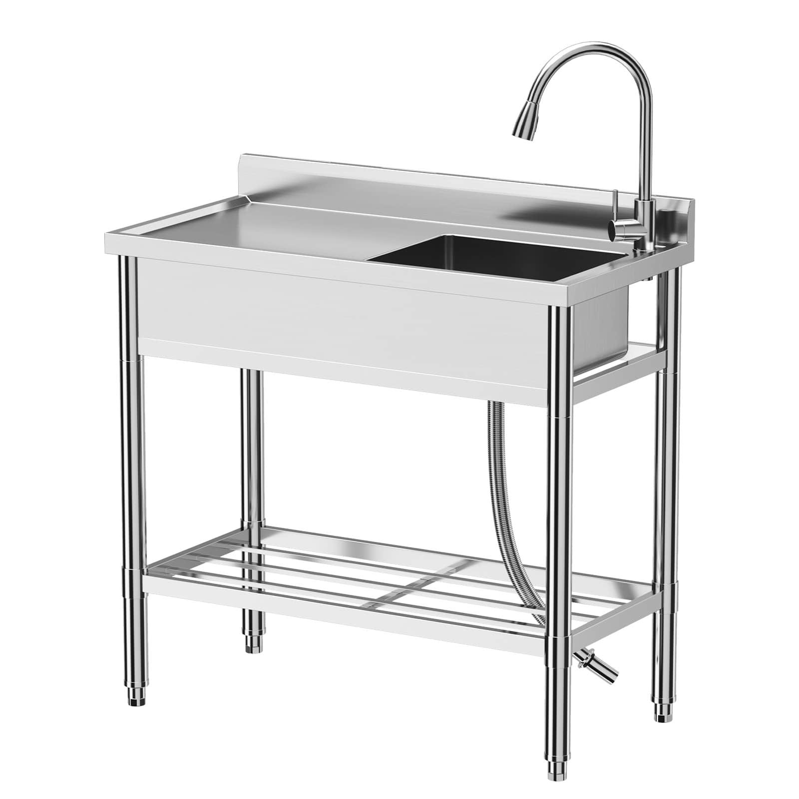 Qeetex JXNAG-PHO-12KK3AMT Stainless Steel Utility Sink Freestanding Commercial Kitchen Sink Set with Workbench Storage Shelf and Hot or Cold Faucet Single Bowl