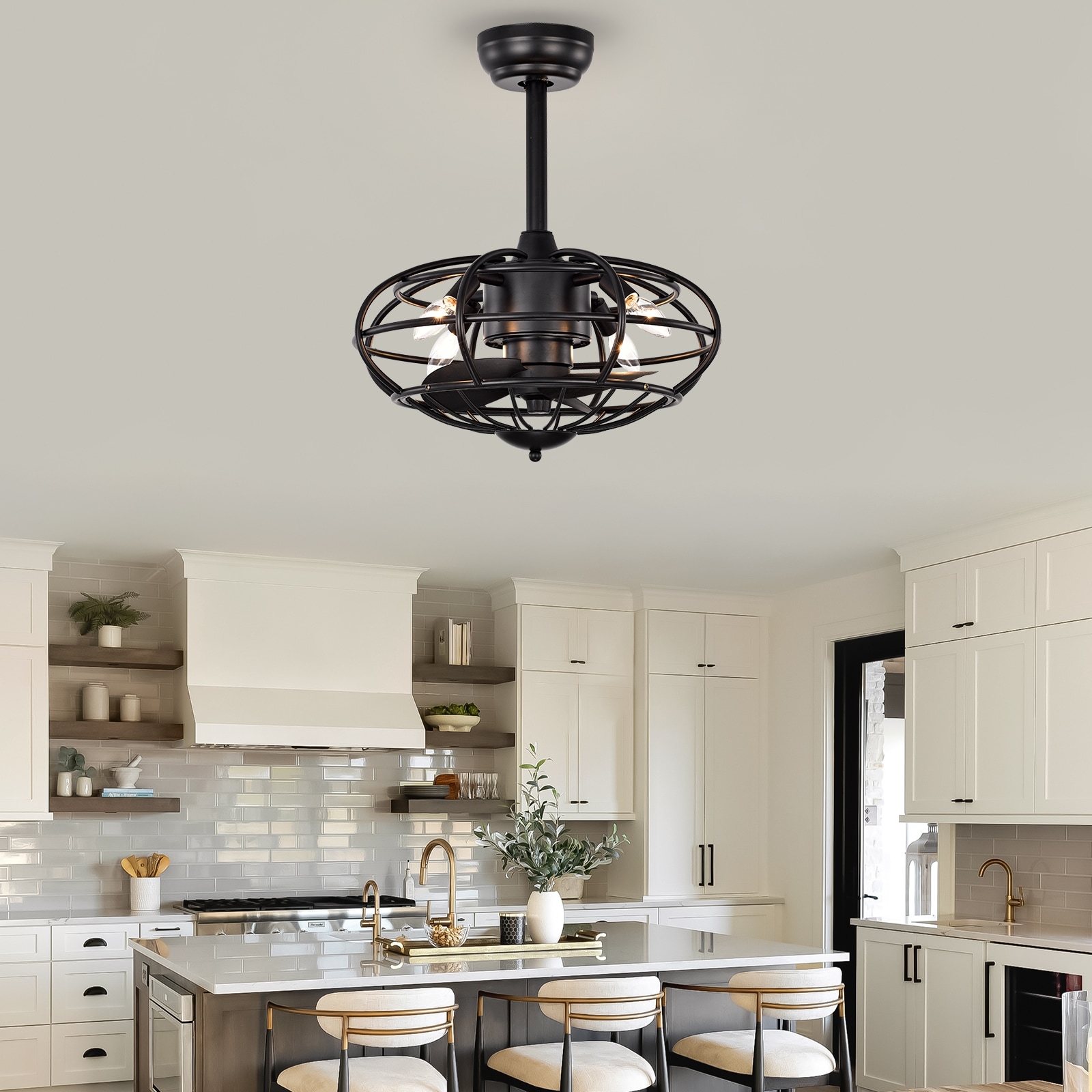 JIMSMAISON JMHECF28-18MB 18.11-in Matte Black with Black Blades Cage Ceiling Fan Without Light - Remote Included ( 3 -Blade )