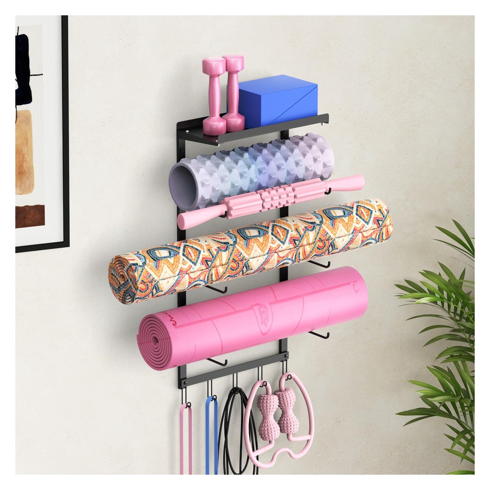 Oyezvary  Yoga Mat Holder Wall Mount 4 Tier Iron Yoga Mat Rack Organizer Heavy Duty Gym Wall Storage for Multiple Mats Easy Install Space Saving