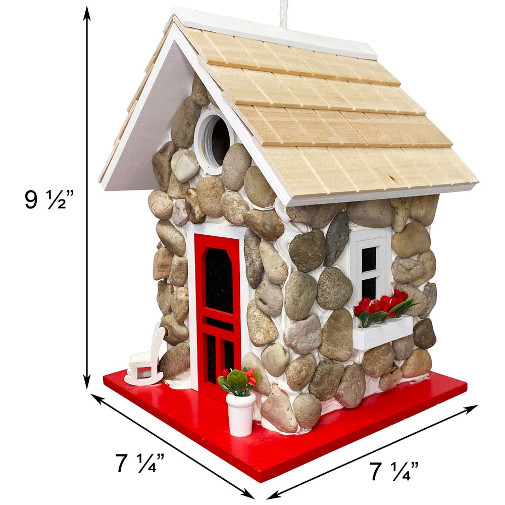 Handcrafted Stone Cottage Birdhouse with Red Accents