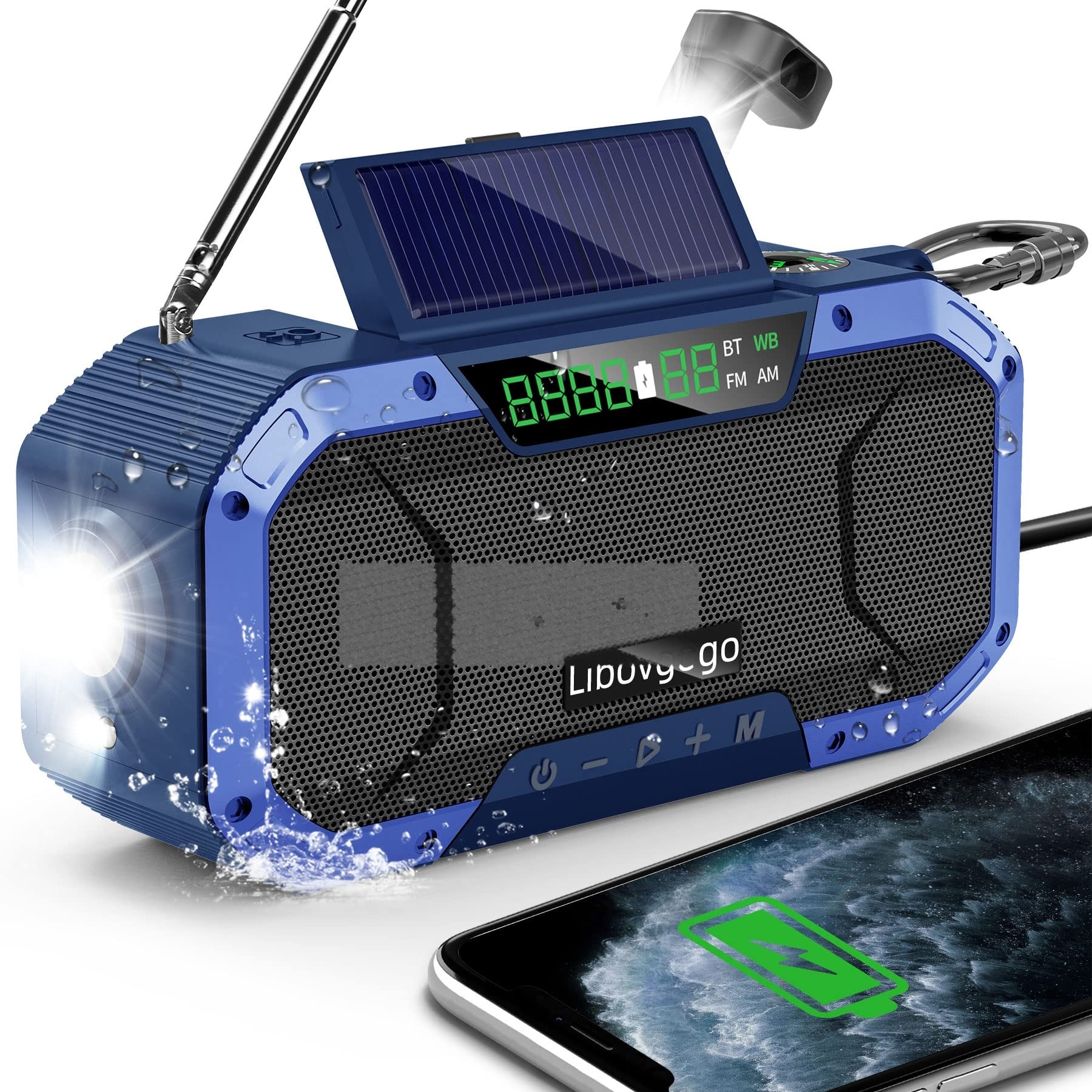 JVFCXXV  Bluetooth Hand Crank Emergency Solar Powered Weather Radio with Flashlight Phone Charger and NOAA AM FM Radio for Storm Outage Survival