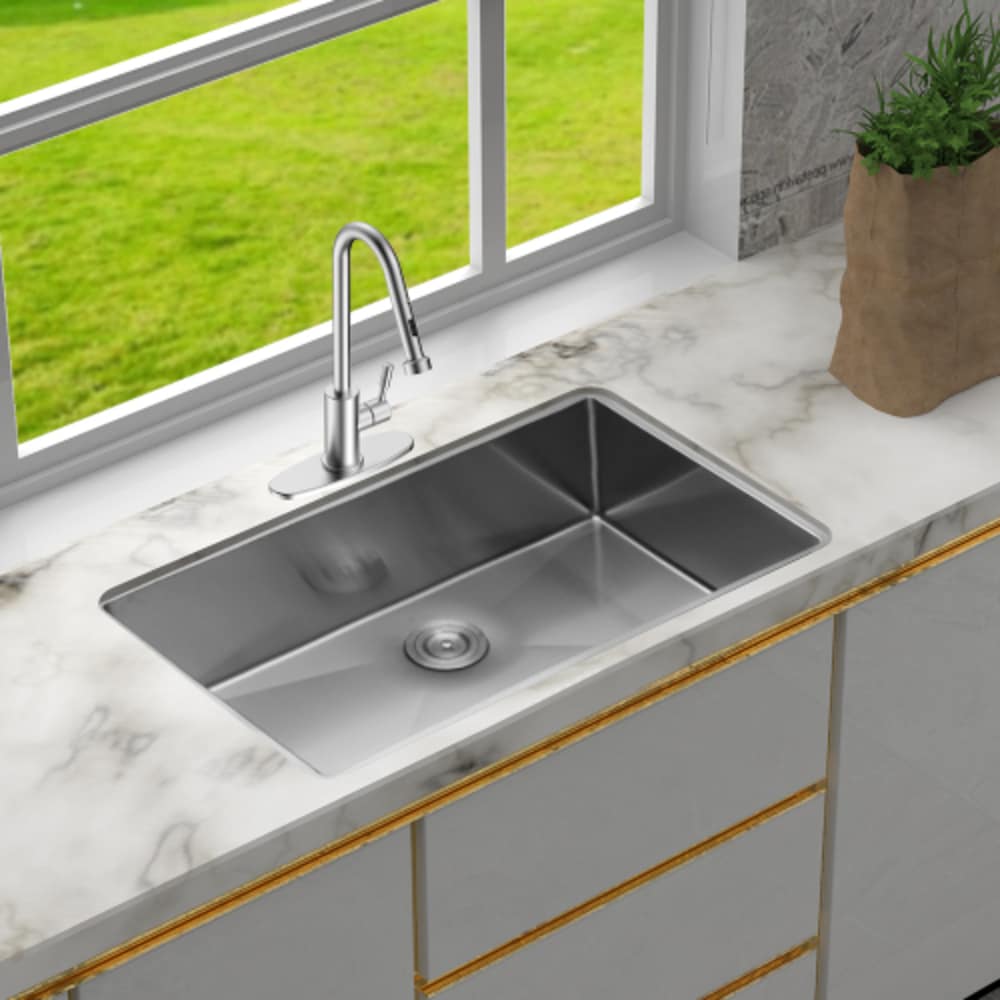HyperDrop Cart 33in x 19in x 9in Deep Single Bowl 16 Gauge Stainless Steel Undermount Kitchen Sink Complete with Matching Drain Assembly for Residential Kitchen Installs - No Additional Accessories