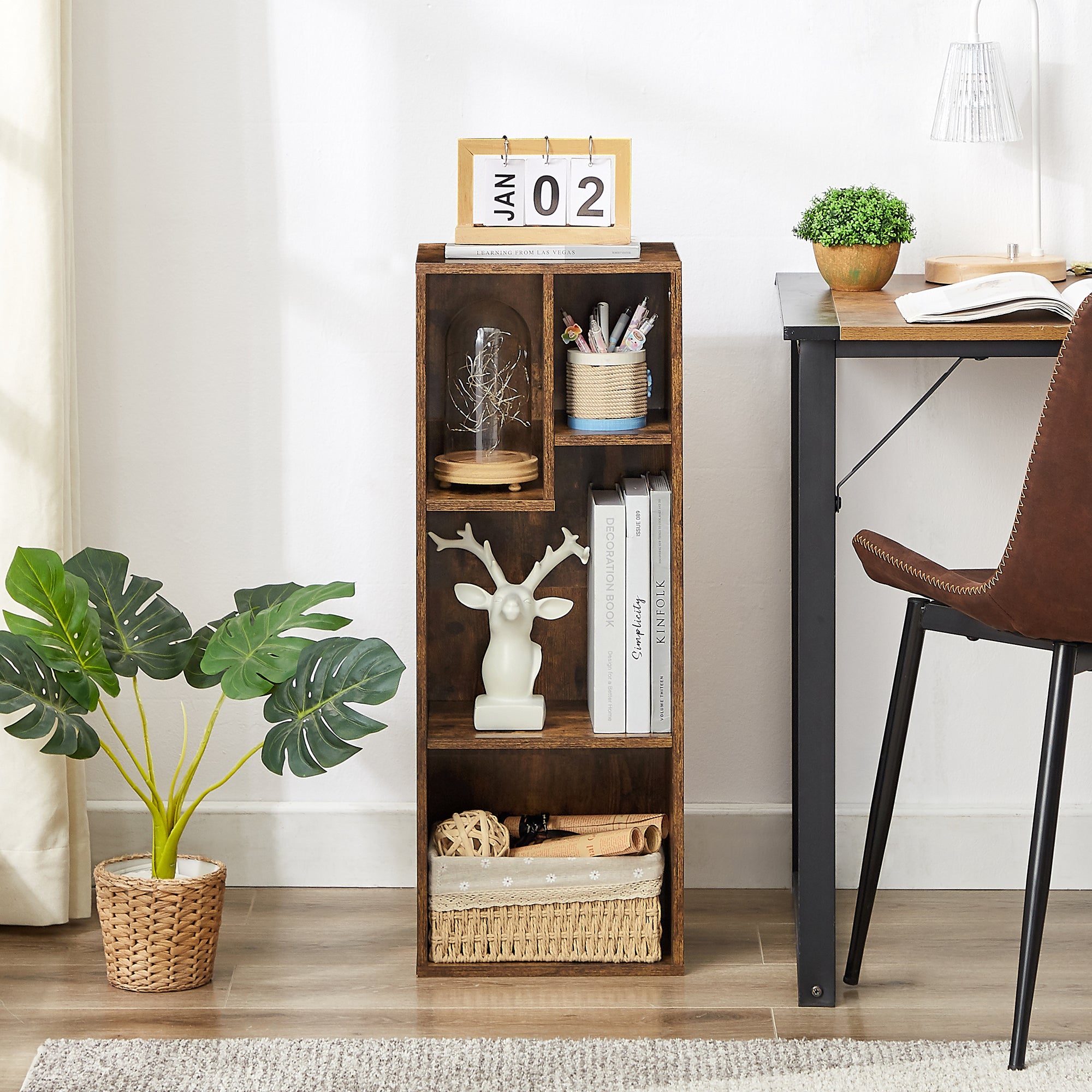 Vecelo LOE-B07-BRN 4 Cube Slim Bookcase Small Bookshelf Horizontal Available Modern Floor Standing Unit