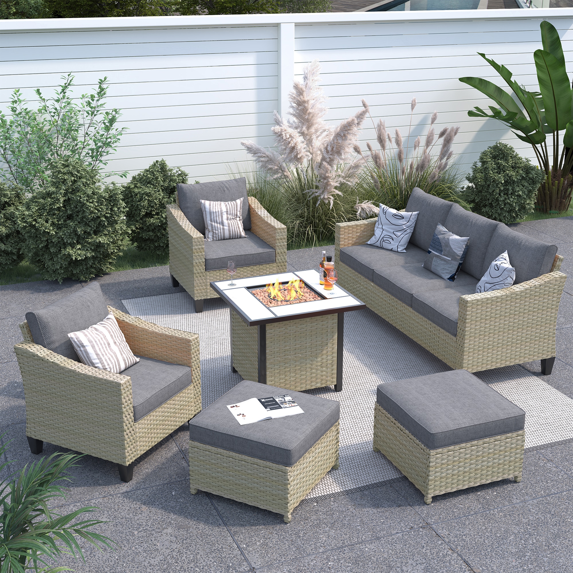 Pouuin SFPDAR205 6-Piece Wicker Patio Sofa Conversation Set with Gray Cushions
