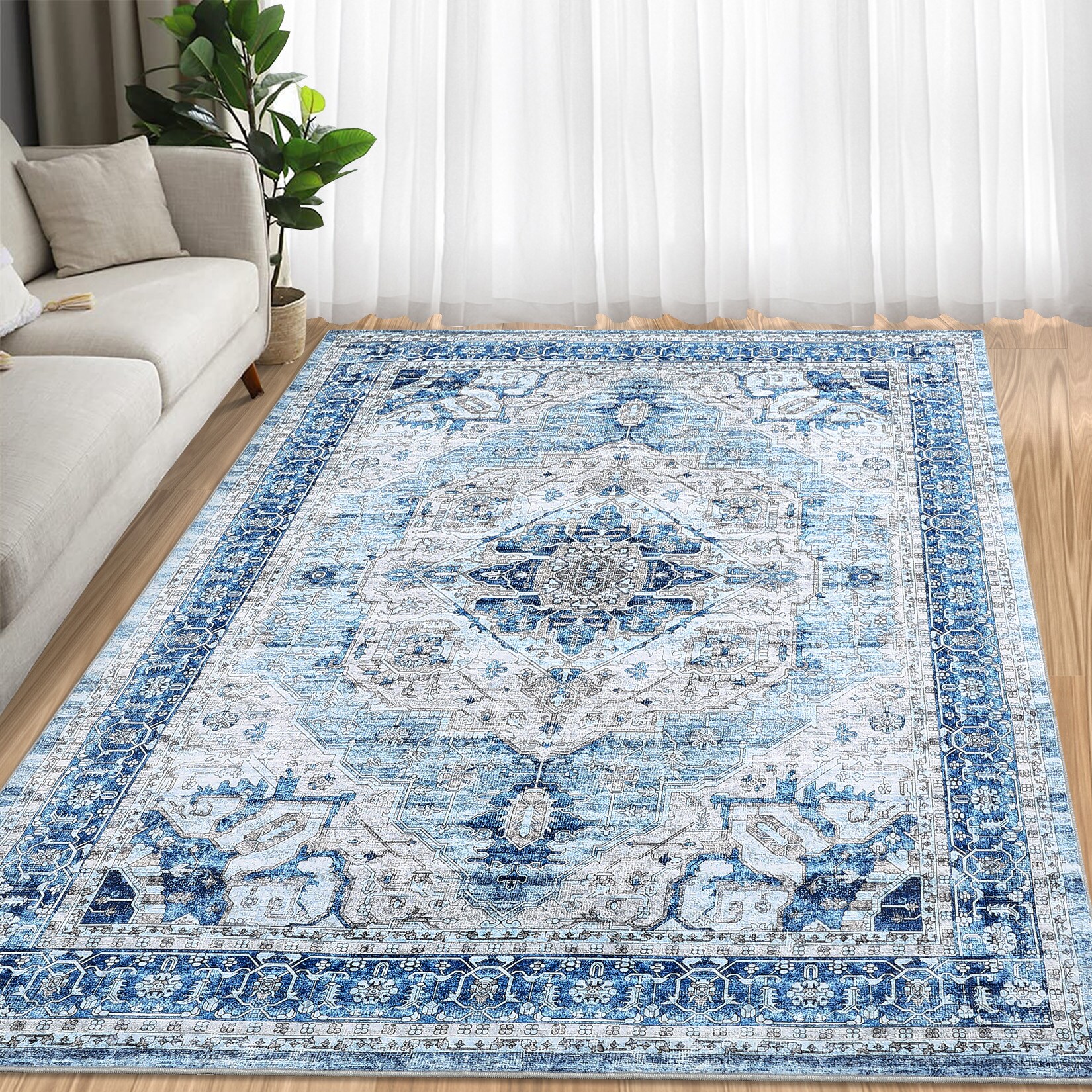 Garvee YXY-LO-PHO-15F90AP9 5 x 7 (ft) Loomed Polyester Blue Rectangular Indoor Floral/Botanical Vintage Machine washable Area rug
