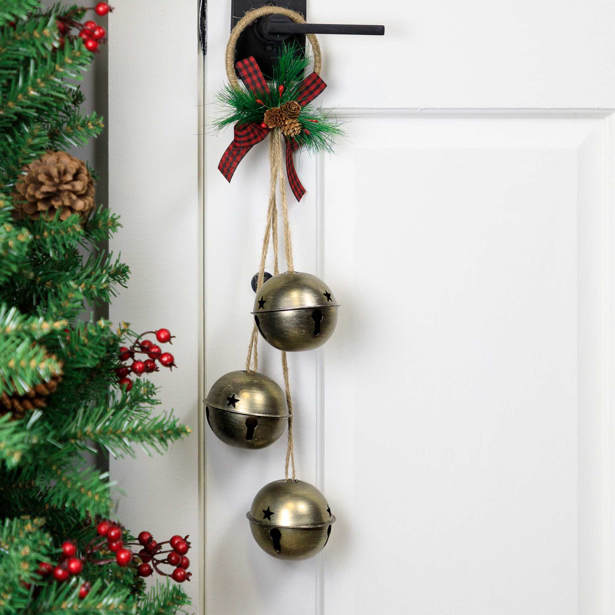 Northlight Jingle Bells with Plaid Bow Hanging Christmas Decoration - 20 inch - Gold