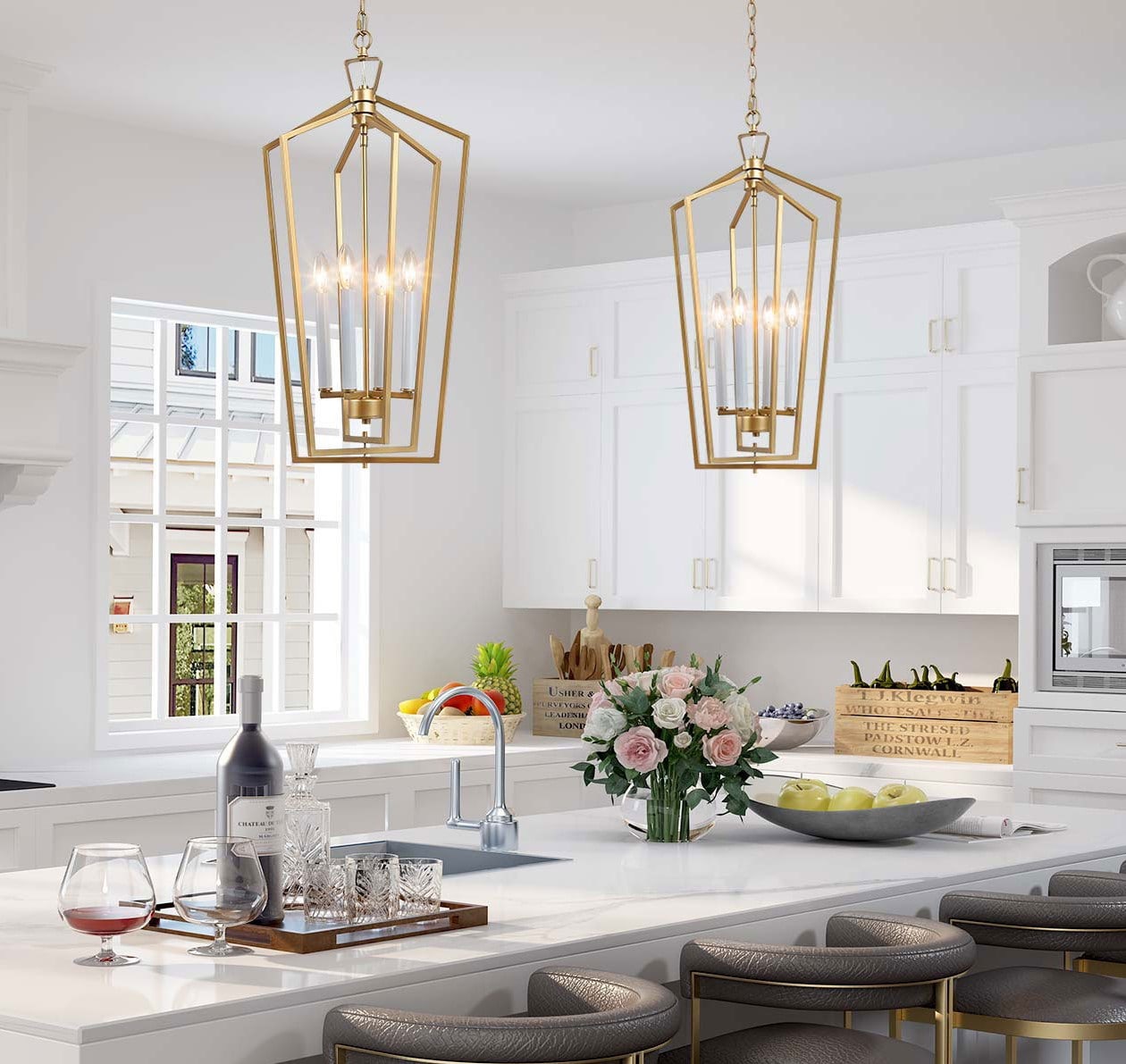 gold lantern pendant kitchen island