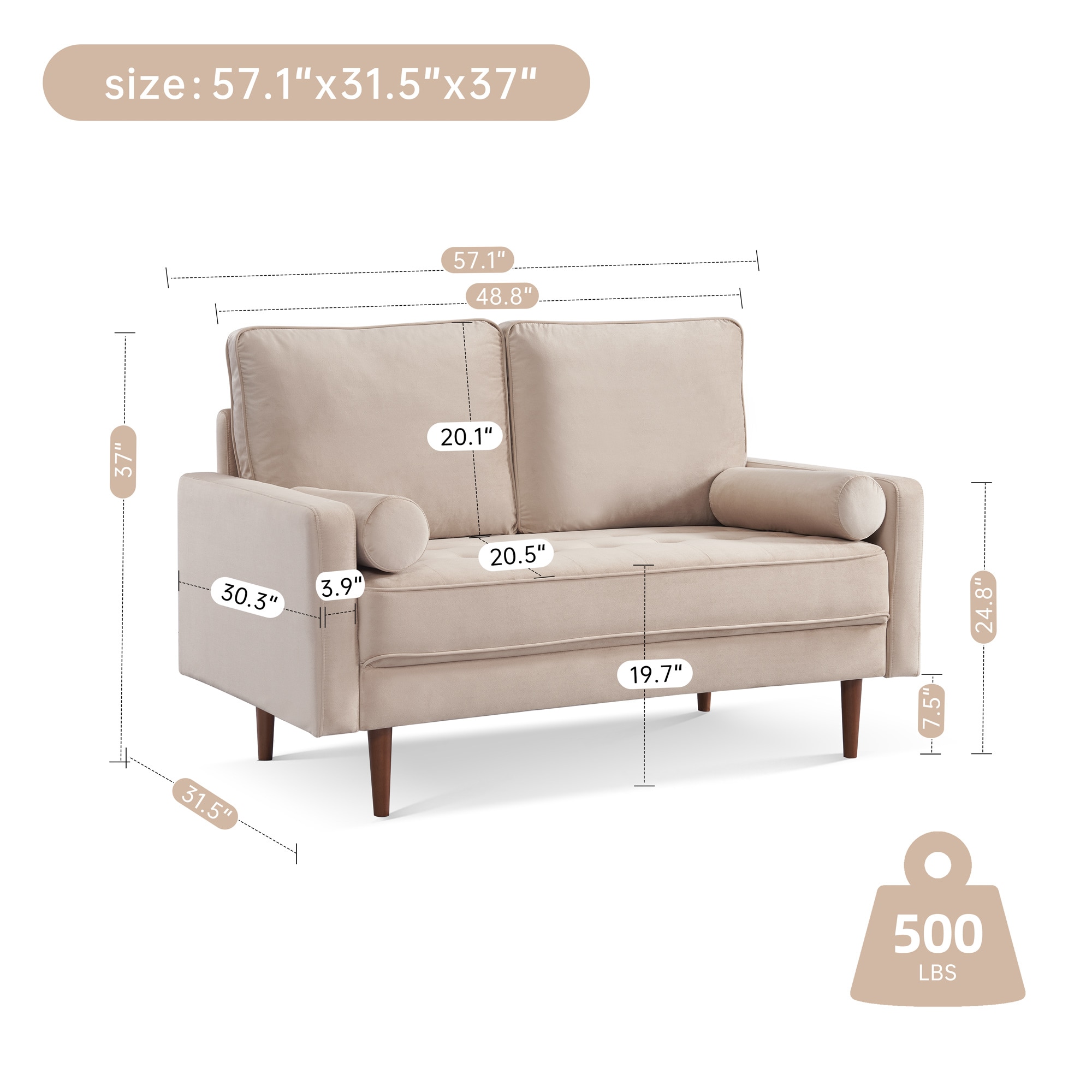 Beige Velvet Loveseat with Wood Legs and Bolster Pillows