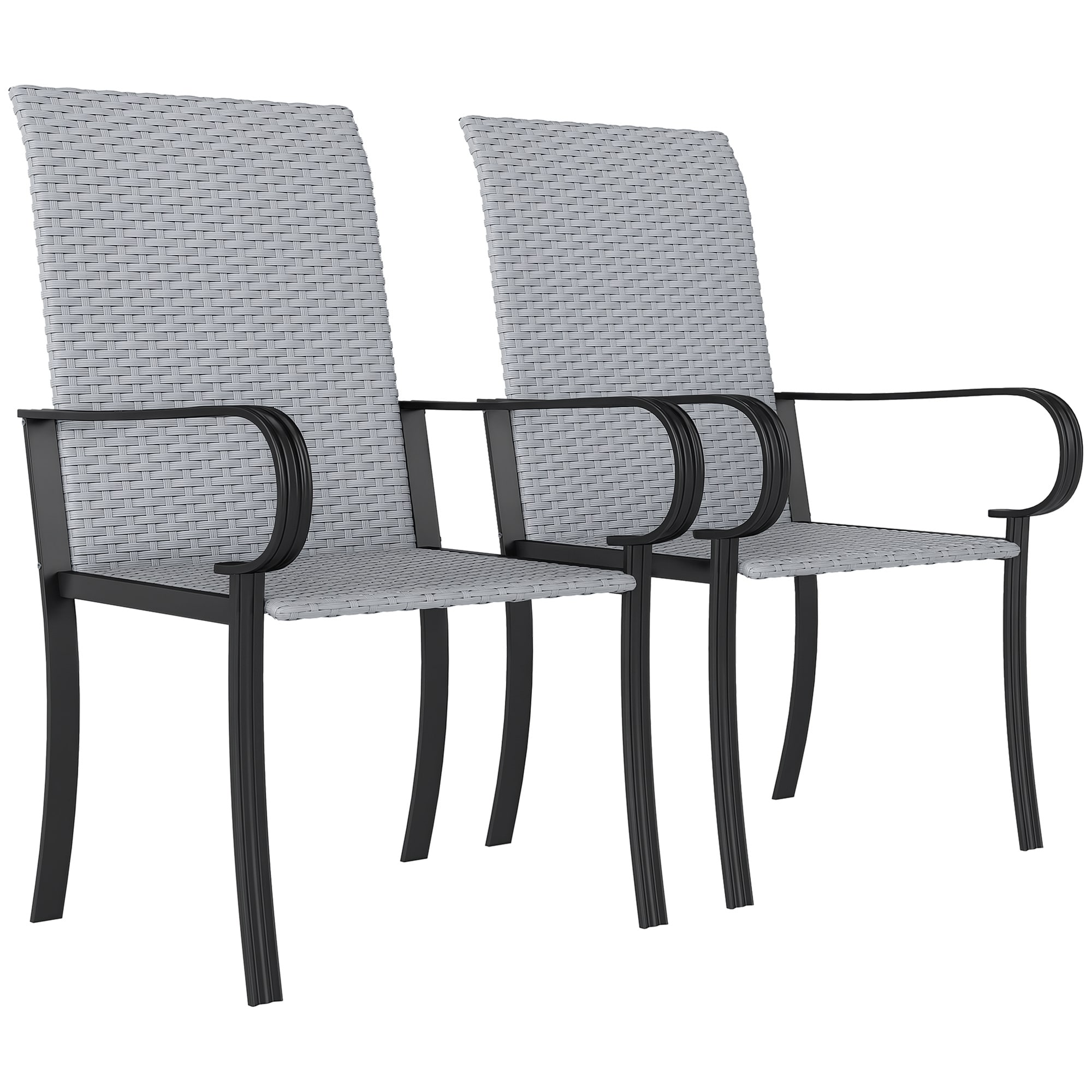 Outsunny 861-112V00GY Set of 2 Outdoor Wicker Dining Chairs All-Weather Rattan Armchairs with Armrests Steel Frame High Back and Deep Seating for Garden Patio Deck Yard Poolside Gray