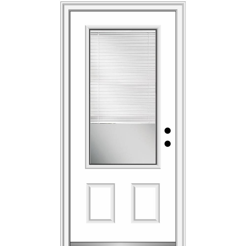 MMI DOOR ZZ365458L 36-in x 80-in x 6-9/16-in Fiberglass 3/4 lite Left-hand inswing Primed Prehung Front Door with Brickmould Insulating core with Blinds