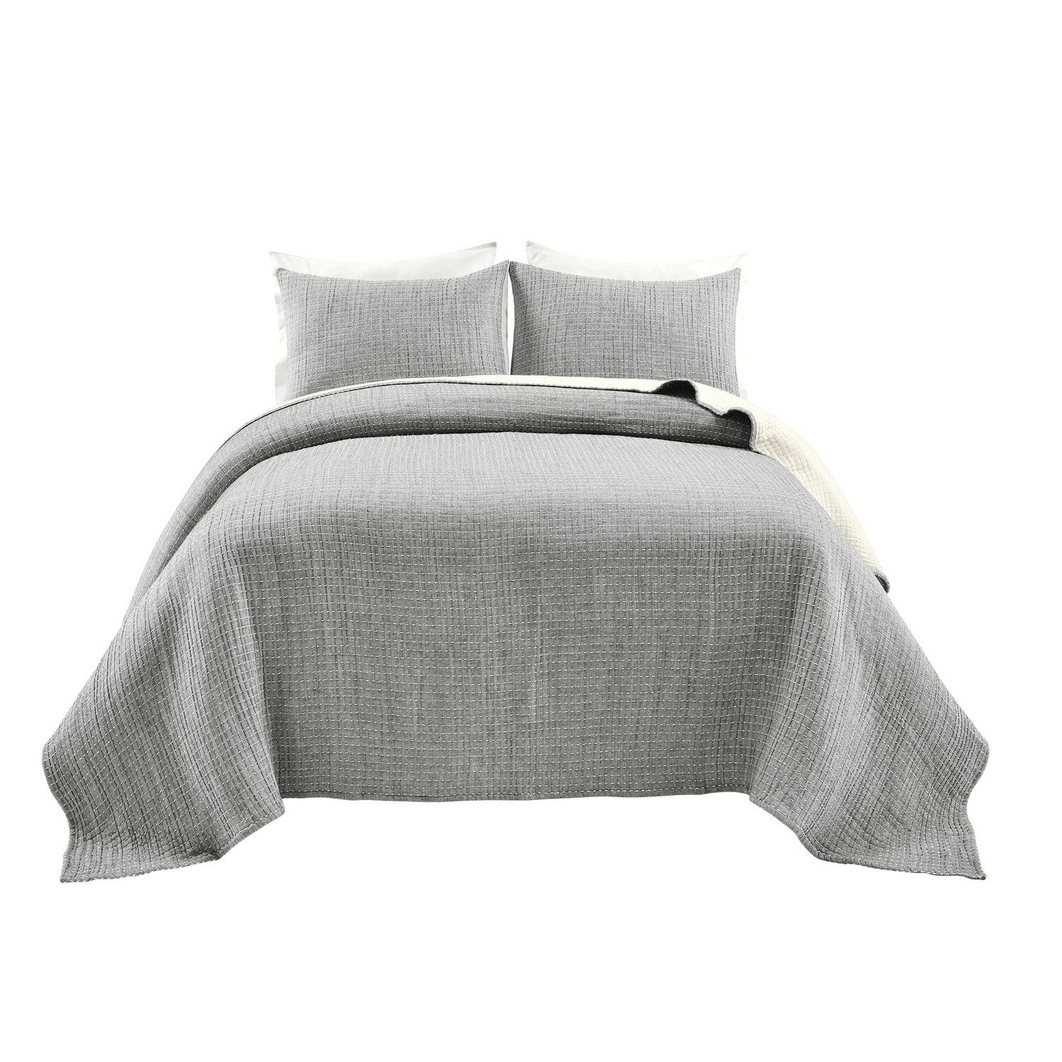 Light Gray and Off-White Cotton Reversible Full Quilt Set